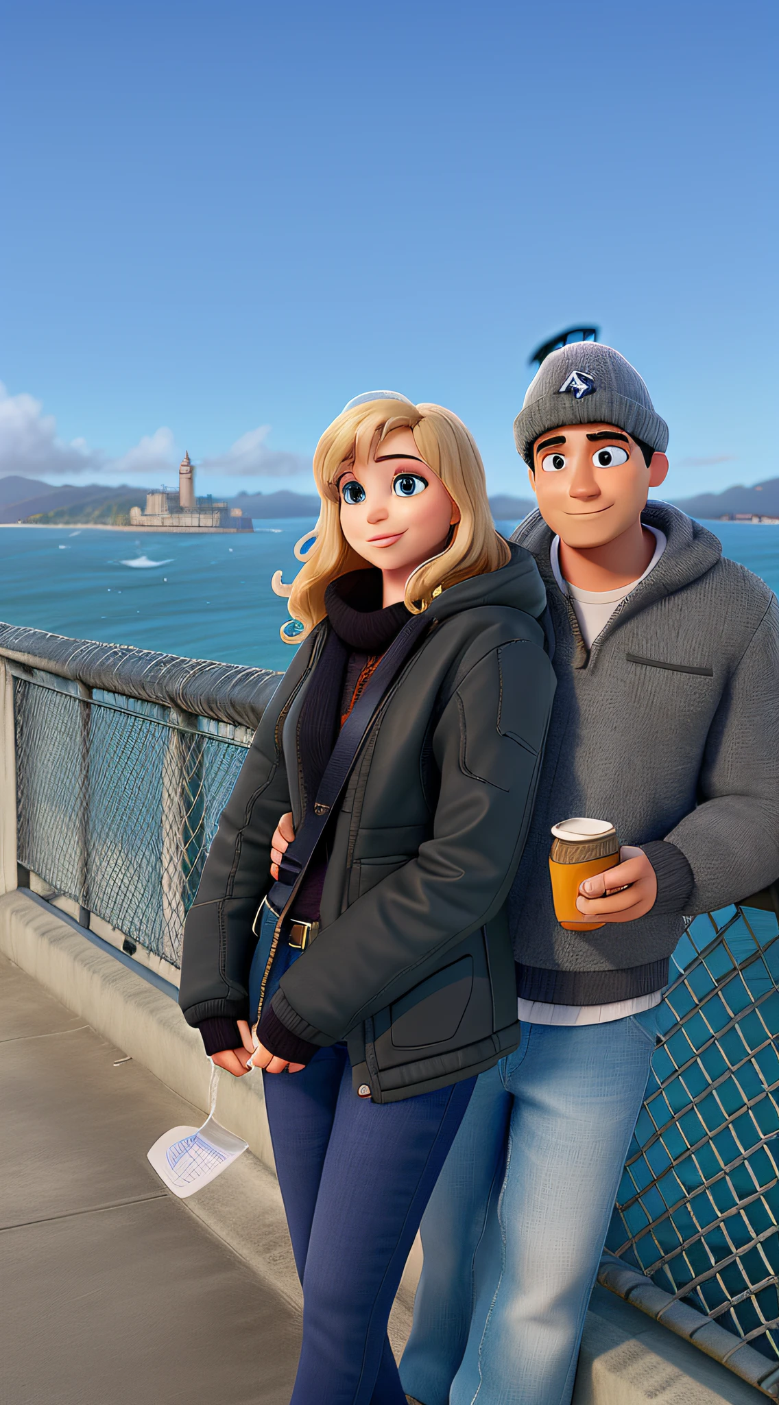um mulher e um homem  com um mar ao fundo e a ilha de alcatraz estilo disney pixar, alta qualidade, melhor qualidade