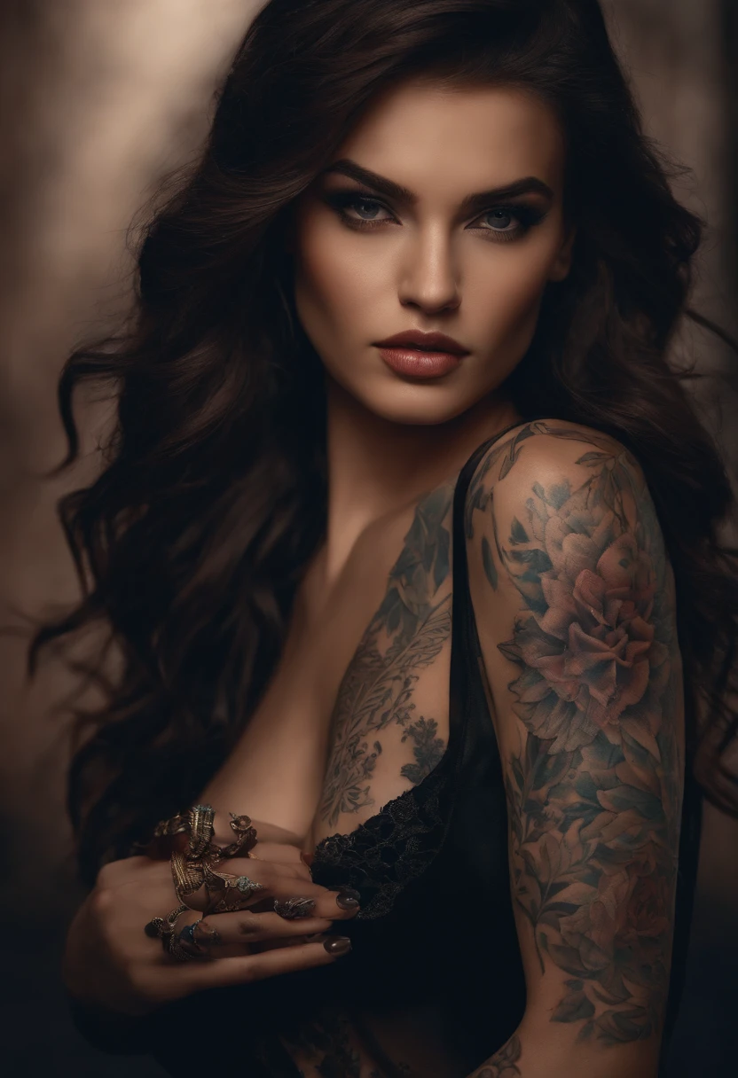 Tattoo girl, Very beautiful, killing intent, Handsome man, betrayal, irate, Dark background, 8K, Dynamic Wallpapers, Very delicate, Very dense