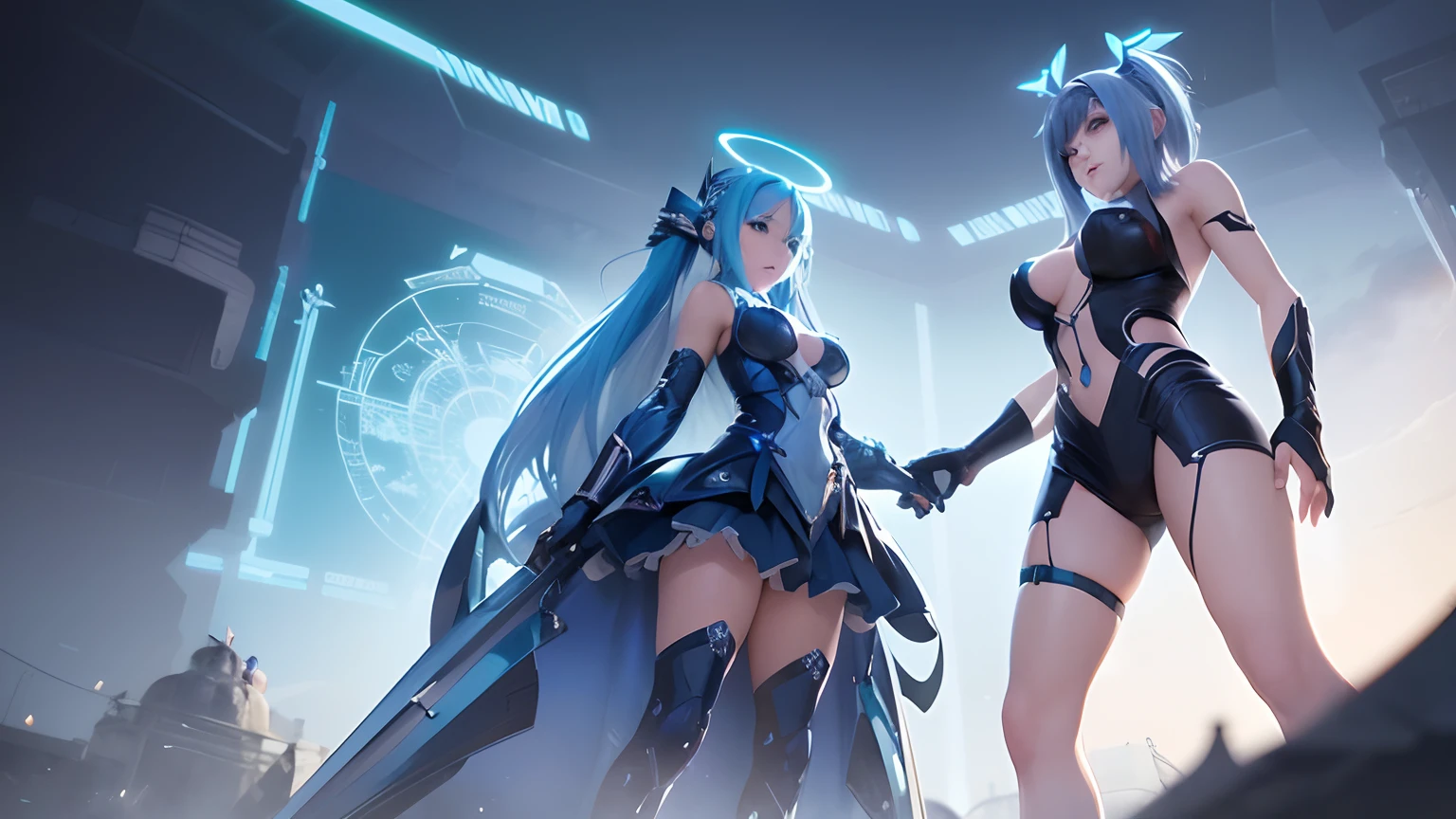 Image of two women with blue hair and a halo, Hero 2d Fan Art Artsation, anime stylized, kda, Concept-artstyle, Rossdraws Volumetric Lighting, Sleek digital concept art, Valkyrie-style character, cushart kenz, symmetrical concept art, jazza and rossdraws, 2D game fan art, anime stylized