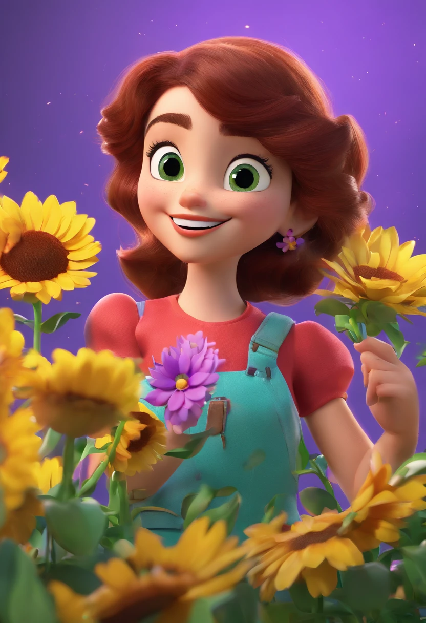 Mulher entregando flores a sua amiga mulher, One is white with black hair and green eyes, and the other is a brunette with purple curly hair and brown eyes, the flower is red laughter or sunflowers - Disney Pixar Animation Poster, lesbicas criando gatinho, 3 d animation