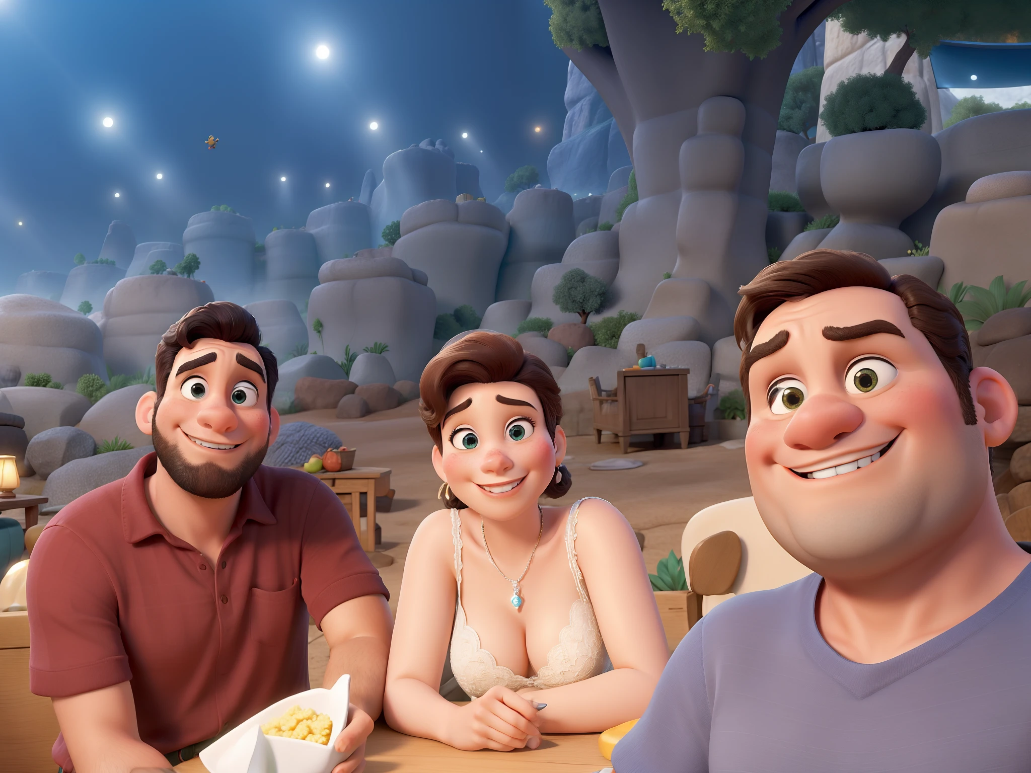 Obra-prima, de melhor qualidade, no estilo Disney Pixar, dois homens e uma mulher sentados em uma mesa
