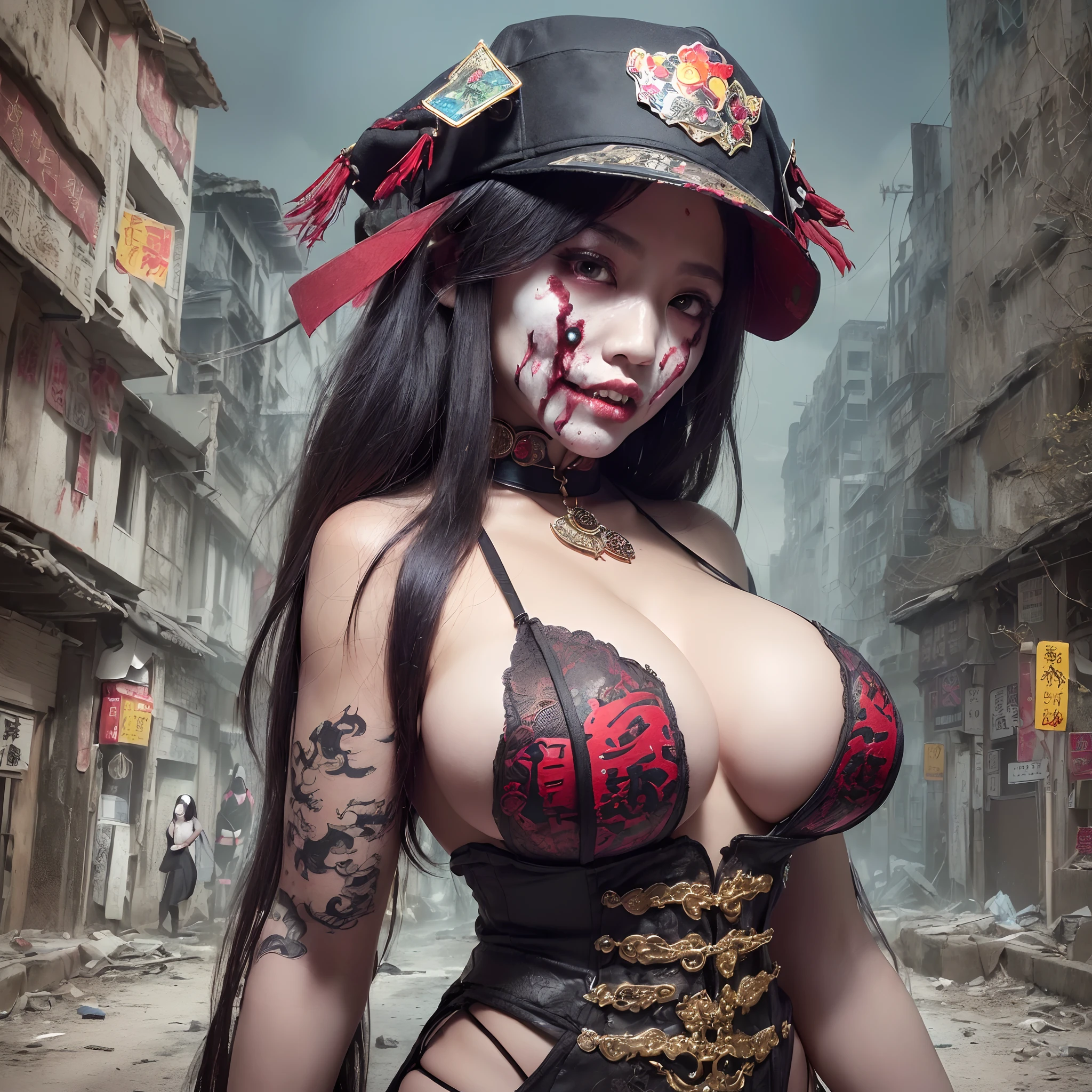 (masterpiece:1.2, Best Quality:1.2, 32K, High resolution), (Ultra-realistic portrait of Jiangshi, Chinese zombie, 1girl in, Chinese Zombie Hats:1.15, Jiangshi Dress, Jiangshi Costume, talisman sticker on face:1.55, Amulet sticker on the face:1.55), (gigantic cleavage breasts:1.3, huge tit:1.3, Huge boobs:1.3, Huge breasts:1.3, Red Eyes), (Detailed face, Detailed skin texture), (standing straight, In an abandoned city:1.5, In China), (horror atmosphere:1.2, Dark atmosphere:1.2)