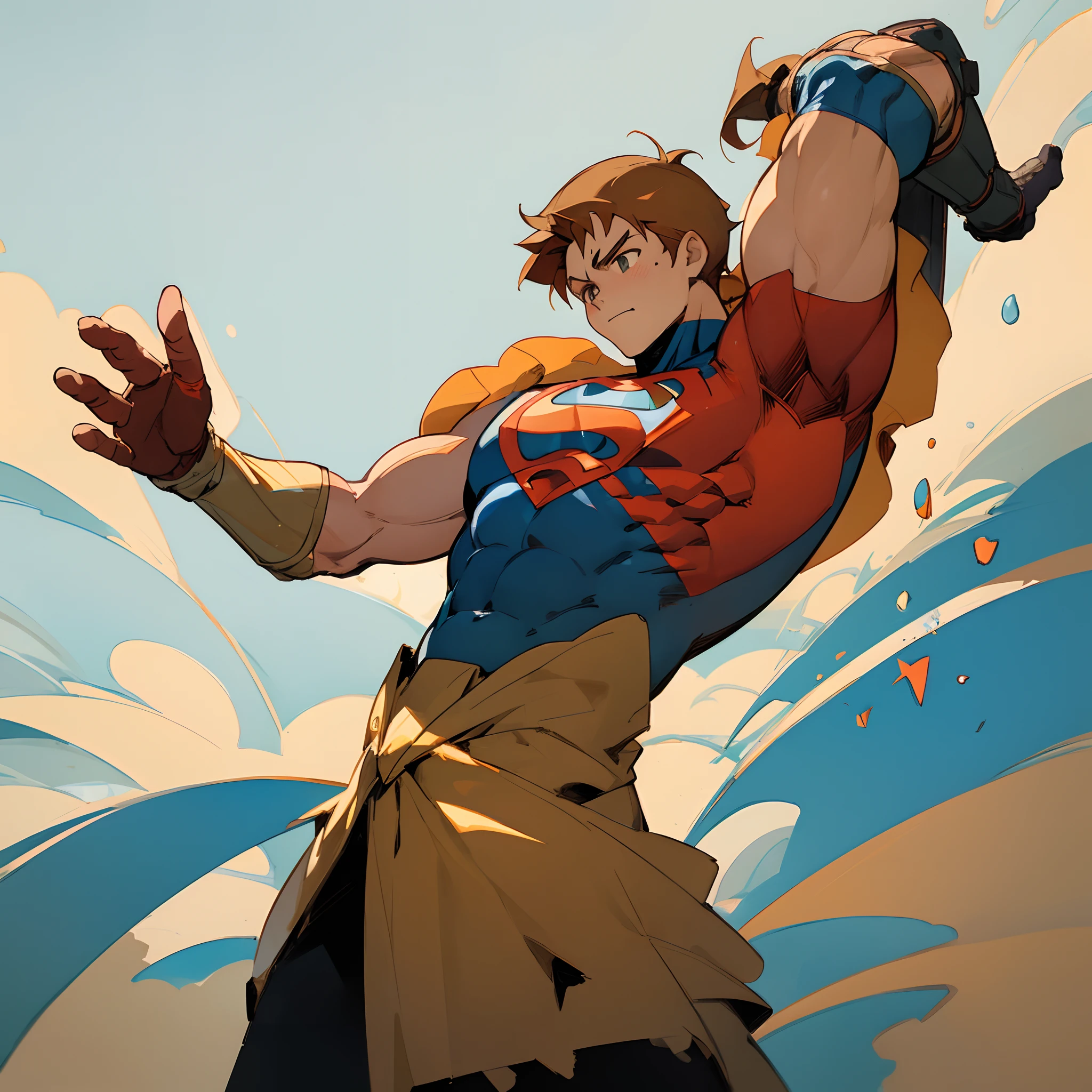 Superhero、、Whole body, is standing、Raise your hand、The mark on the chest is J, Background is florida, Dress like a hero、Cool, shoun, The main character of the picture book, caramel hair, Hero Style, burly, strong con, The main character of the picture book, Popular with kids, , illustration