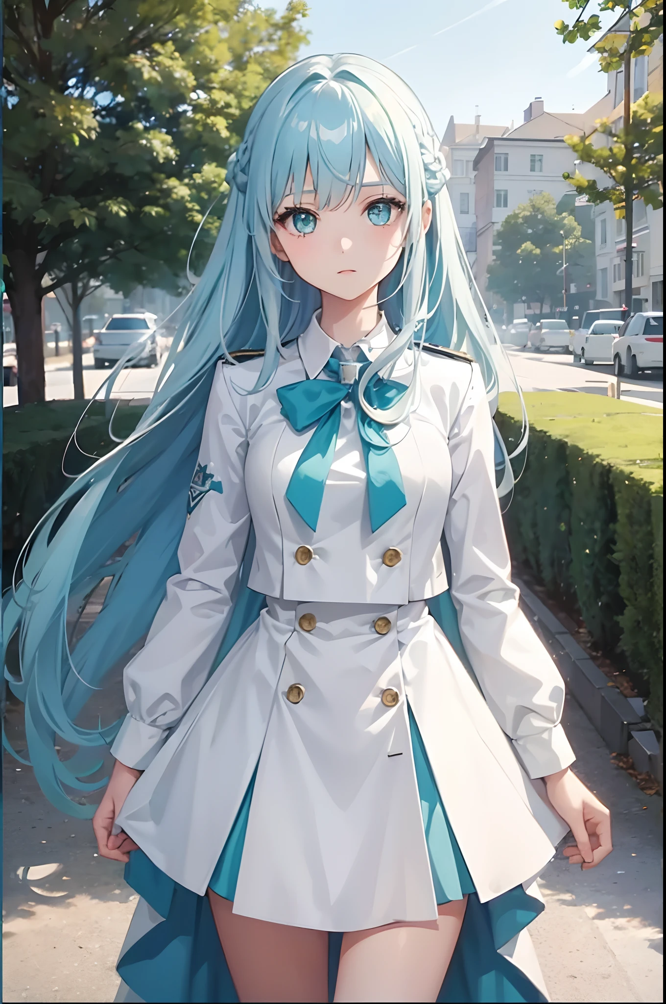 1girl, long hair, light blue hair, green eyes, white academy uniform, standing on ground, high res, ultra sharp, 8K, masterpiece