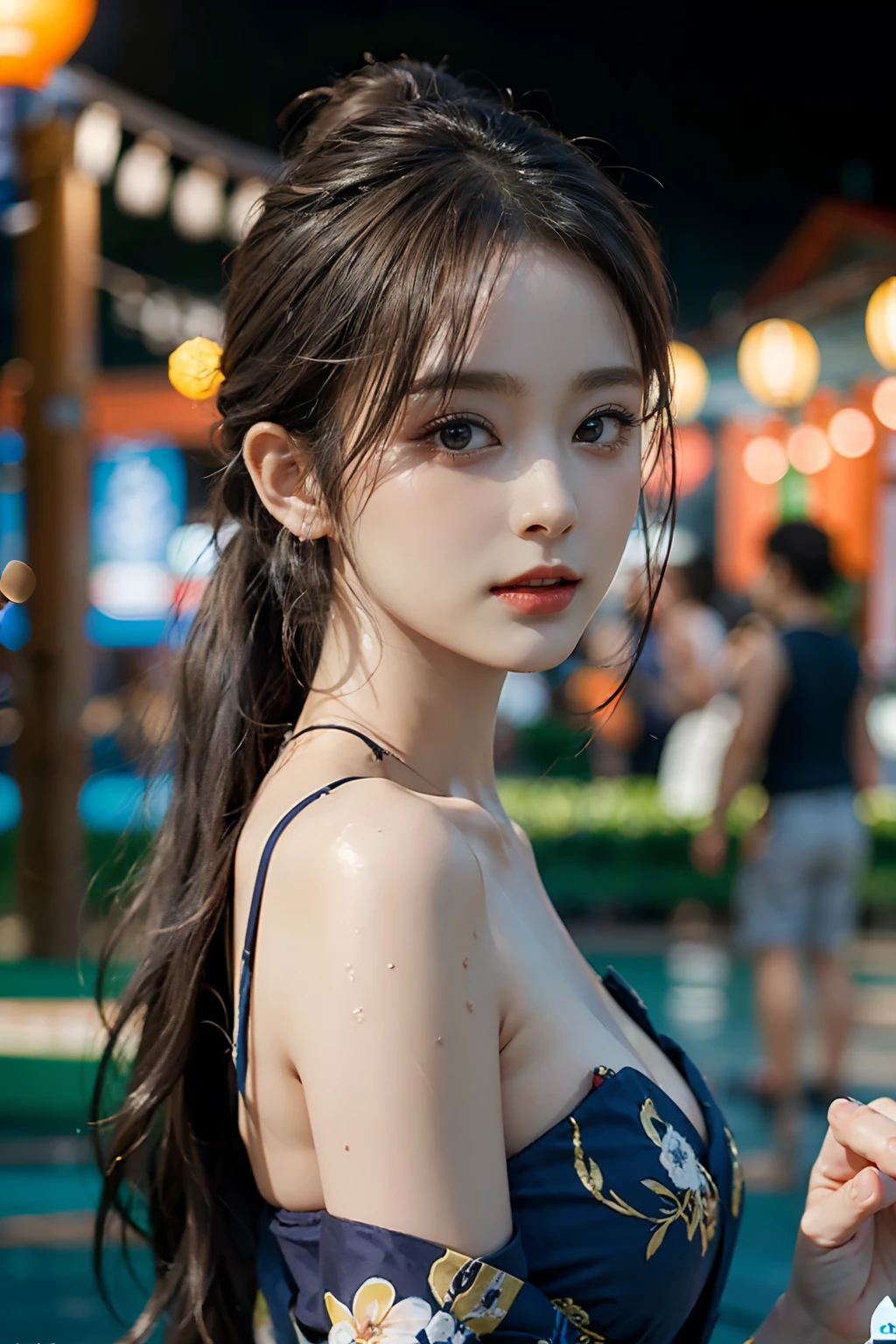 电影灯光，(((tmasterpiece))), ((best qualtiy)), ((intricate and detailed)), ((Ultra-realistic realism)), 4K,1beautiful woman, 25-years old, poneyTail,Ultra-fine yukata,beautiful countenance,Beautiful brown eyes,face perfect,A slender,large full breasts,having a good time, Large fishbowl , Swirling flocks of goldfish, Floating goldfish, Graphic illustration, see fishes swimming,A lot of goldfish, amazing depth, Cutest, Lots of fish balls,Goldfish scooping at a summer festival, (The background is the summer festival of the shrine:1.4), Silver hair, split ponytail, star-shaped pupils, conceptual art, Art Nouveau, Glowing light, nffsw, Textured skin, masutepiece, Anatomically correct, Best Quality, 8K