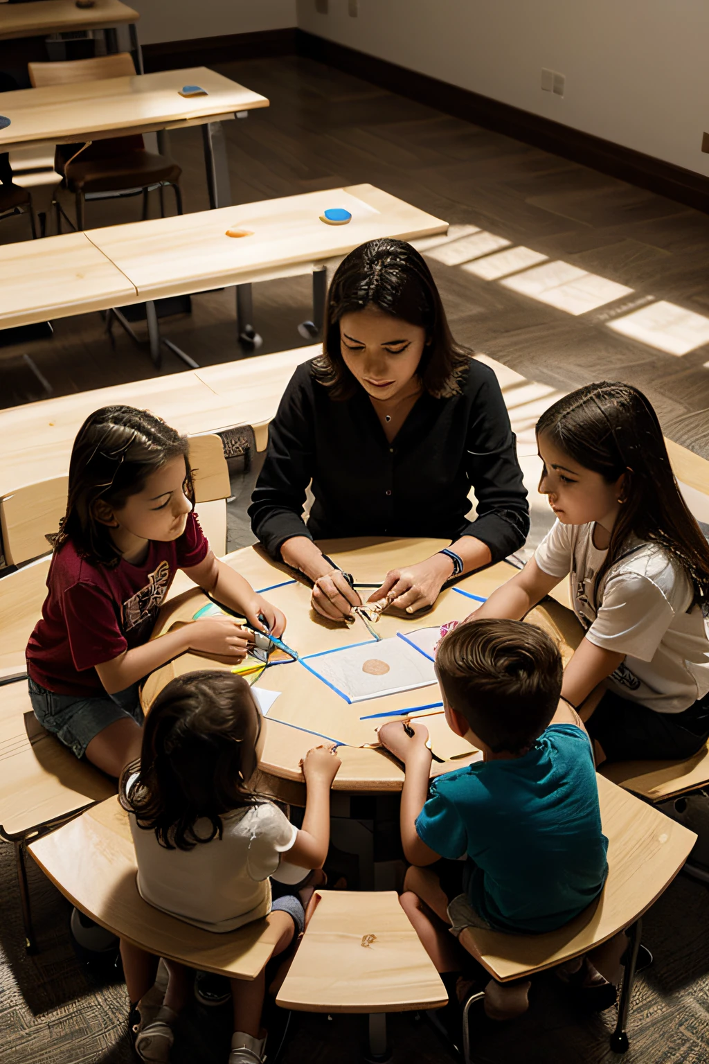 Five  drawing at a round table, plano superior, Children from 10 to 15s, luz directa, visto desde arriba, Boys and girls