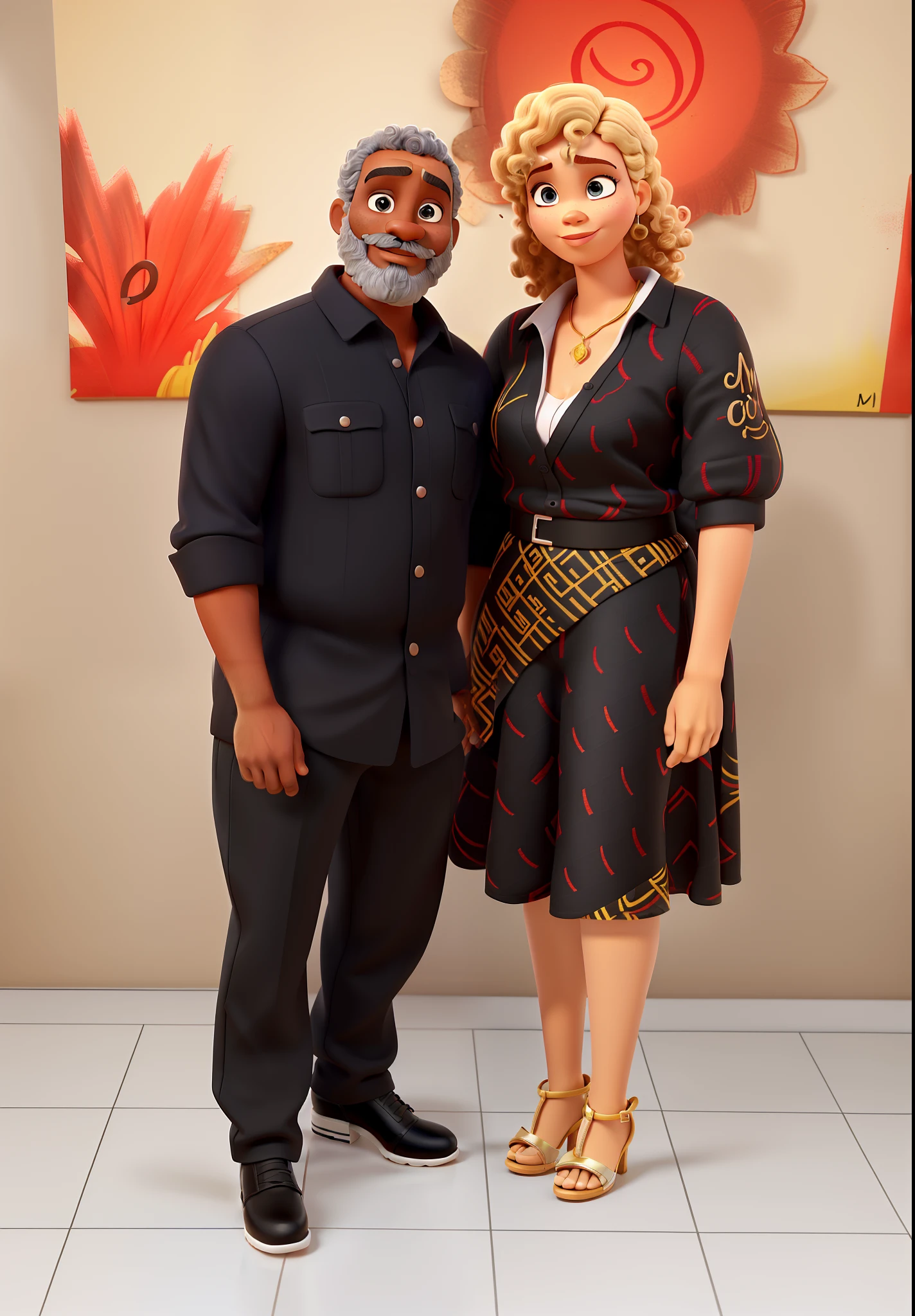 um homem negro de 40 anos com barba meio grisalha e camisa preta por fora da calca, A blonde white woman with curly hair in high-heeled sandals, alta qualidade, melhor qualidade, estilo disney pixar