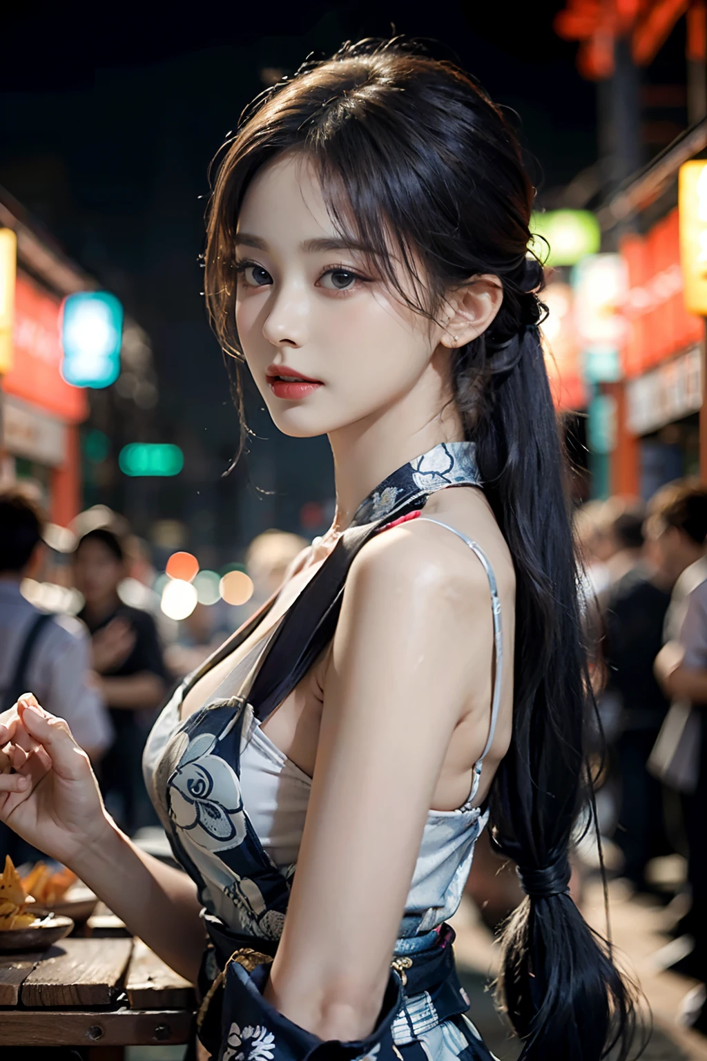 电影灯光，(((tmasterpiece))), ((best qualtiy)), ((intricate and detailed)), ((Ultra-realistic realism)), 4K,1beautiful woman, 25-years old, poneyTail,Ultra-fine yukata,beautiful countenance,Beautiful brown eyes,face perfect,A slender,large full breasts,having a good time, Large fishbowl , Swirling flocks of goldfish, Floating goldfish, Graphic illustration, see fishes swimming,A lot of goldfish, amazing depth, Cutest, Lots of fish balls,Goldfish scooping at a summer festival, (The background is the summer festival of the shrine:1.4), Silver hair, split ponytail, star-shaped pupils, conceptual art, Art Nouveau, Glowing light, nffsw, Textured skin, masutepiece, Anatomically correct, Best Quality, 8K