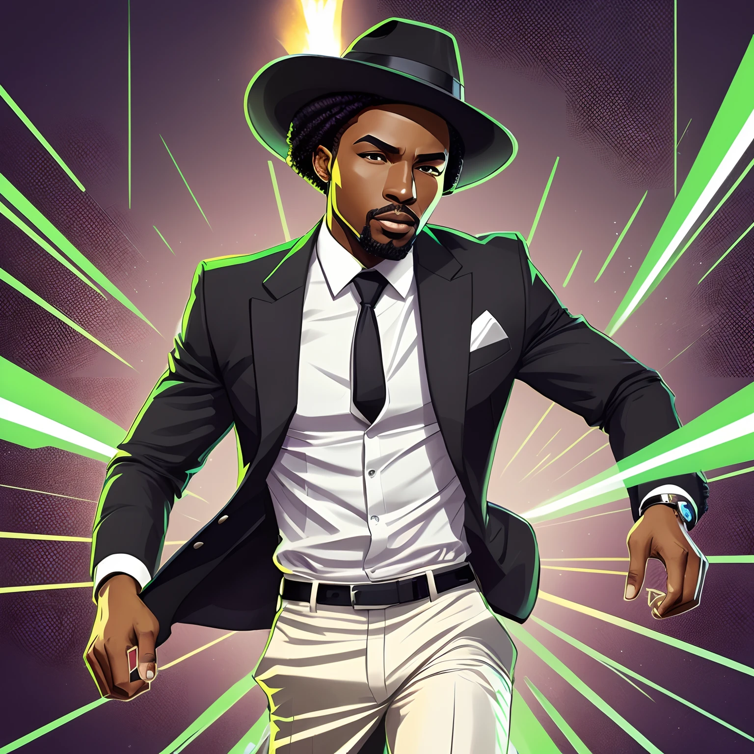 a stylish africanamerican man with a stylish green field hairstyle with a trilby hat, wearing pressed blazer, black t shirt, black pants and having black skin. catchy glare, A bold, dynamic illustration of a spark notable. Highly detailed with vibrant colors and sharp edges. On a transparent background. Trending on artstation. Digital art by James Gurney, late afternnon icy --auto --s2
