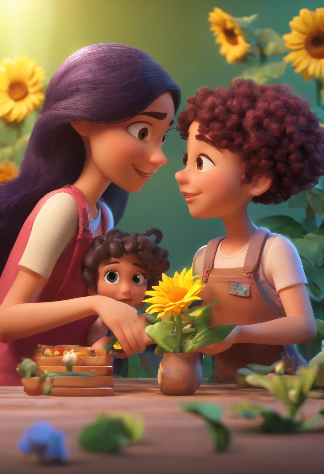 Mulher entregando flores a sua amiga mulher, One is white with black hair and green eyes, and the other is a prwtaa with purple curly hair and brown eyes, The Flower Is Sunflowers - Disney Pixar Animation Poster, lesbicas criando gatinho, 3 d animation