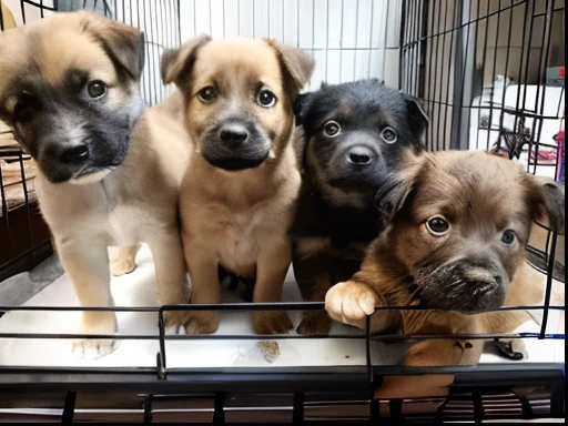 There are four puppies in a cage with one looking at the camera, Filhotes, Filhotes vermelhos, adoptable, Rostos bonitos, aw, r/aw, all looking at camera, incrivelmente fofo, com fundo da imagem uma rua deserta