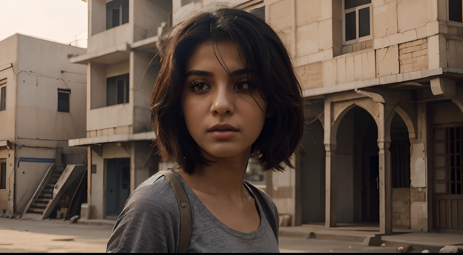 (girl:1.1)One Pakistani college girl 26 years old, beautiful girl on top of a towering building in Baghdad, (best quality,4k,8k,highres, masterpiece:1.2)gazing down at the bustling city below. Dressed in a (black short sleeves baggy style Teeshirt) basic large size Teeshirt, medium size bouncy breasts, tined figure, wearing grey jeans, she stands strong against the (wind), her gaze steady and determined. Round neck baggy half sleeve Teeshirt.
The (architecture) of the surrounding buildings is a mix of modern and traditional, creating a unique backdrop. The cityscape stretches out in all directions, with dusty streets and winding alleys, (photorealistic:1.37)capturing the essence of Baghdad's rich history.
The assassin's (sharp focus) eyes provide a glimpse into her mysterious and dangerous world. Her (long, flowing hair) dances in the wind, creating a sense of (movement) and adding an element of drama to the scene.