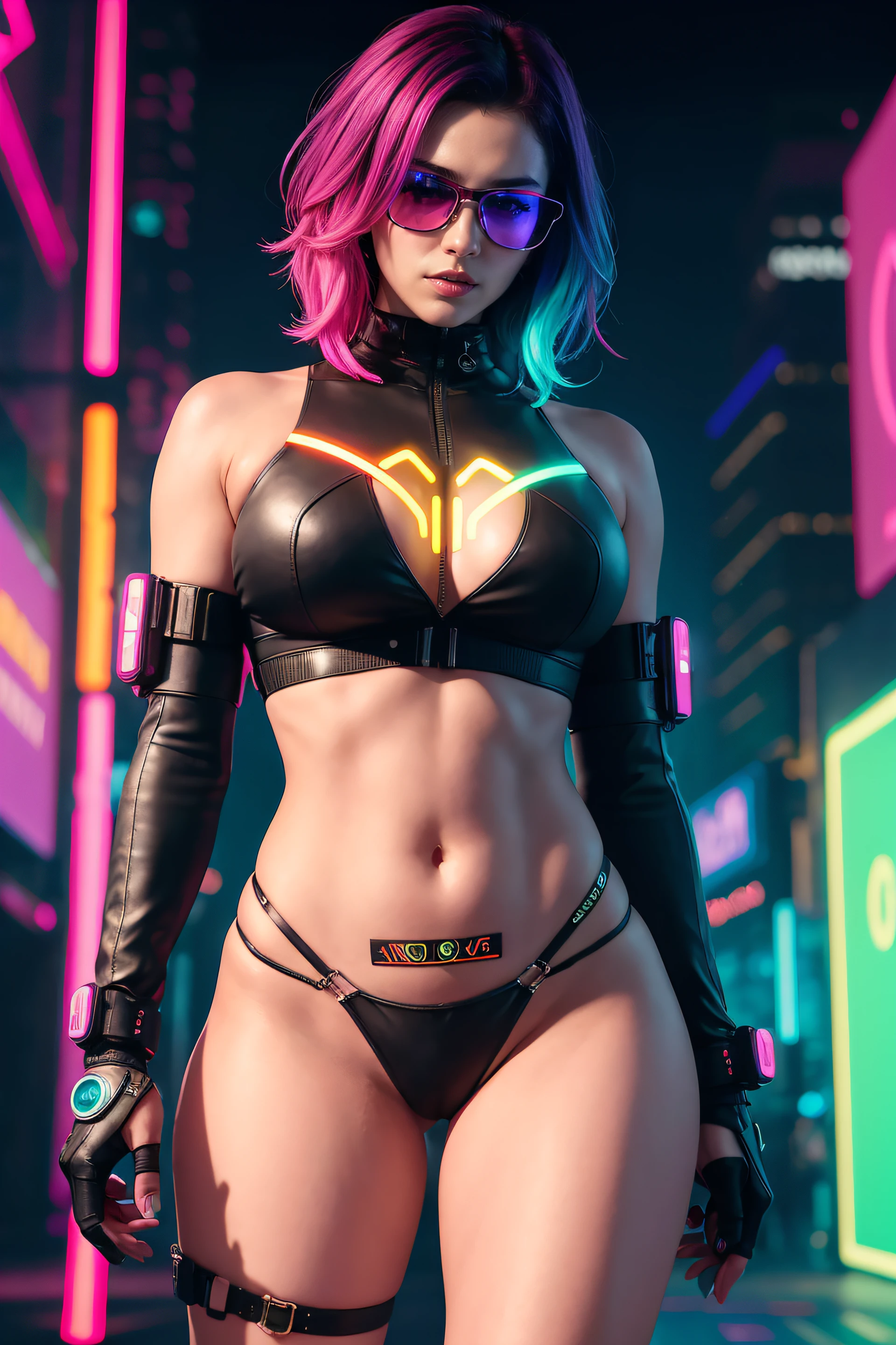 there is a woman standing with a rainbow light, 3 d neon art of a womans body, neon-noir background, cyberpunk femme fatale, seductive cyberpunk dark fantasy, cyberpunk strip clubs, cyberpunk 20 y. o model girl, oppai cyberpunk, banner, high definition cgsociety, cgsociety masterpiece, trending on cgstation, kda