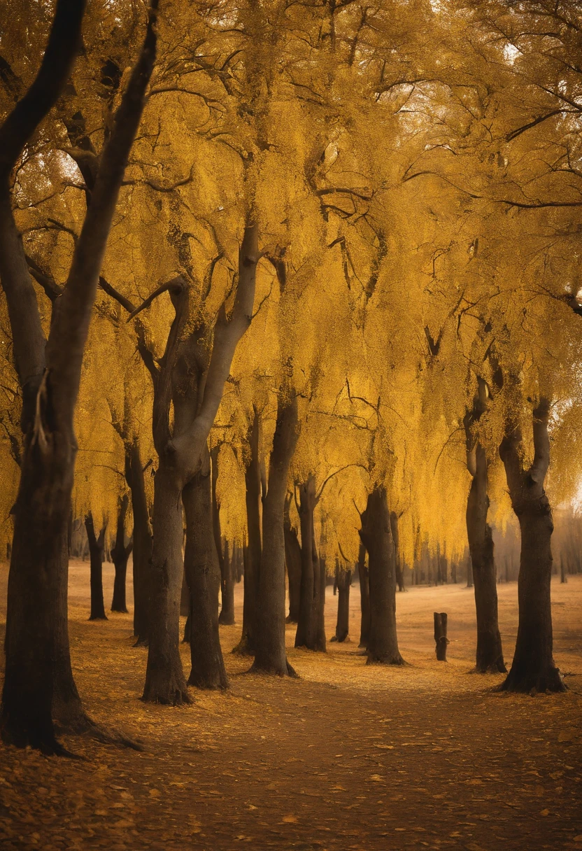 Magazine illustration,((In the desert)),A few tall ones(((Golden poplar tree:1.3))),Poplar tree,Fallen leaves on the ground,k hd,Sony SLR lens,Master masterpieces,Soft lights at dusk