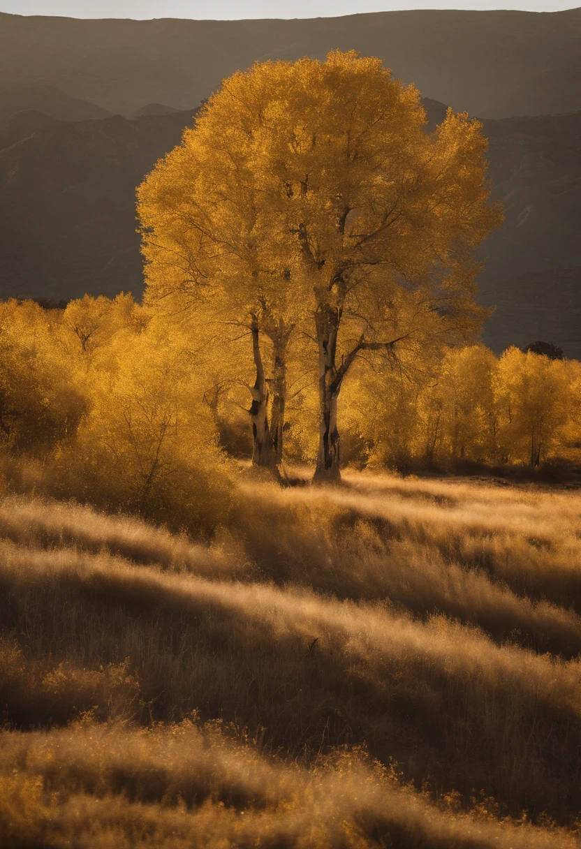 Magazine illustration,((In the desert)),A few tall ones(((Golden poplar tree:1.3))),Poplar tree,Fallen leaves on the ground,k hd,Sony SLR lens,Master masterpieces,Soft lights at dusk