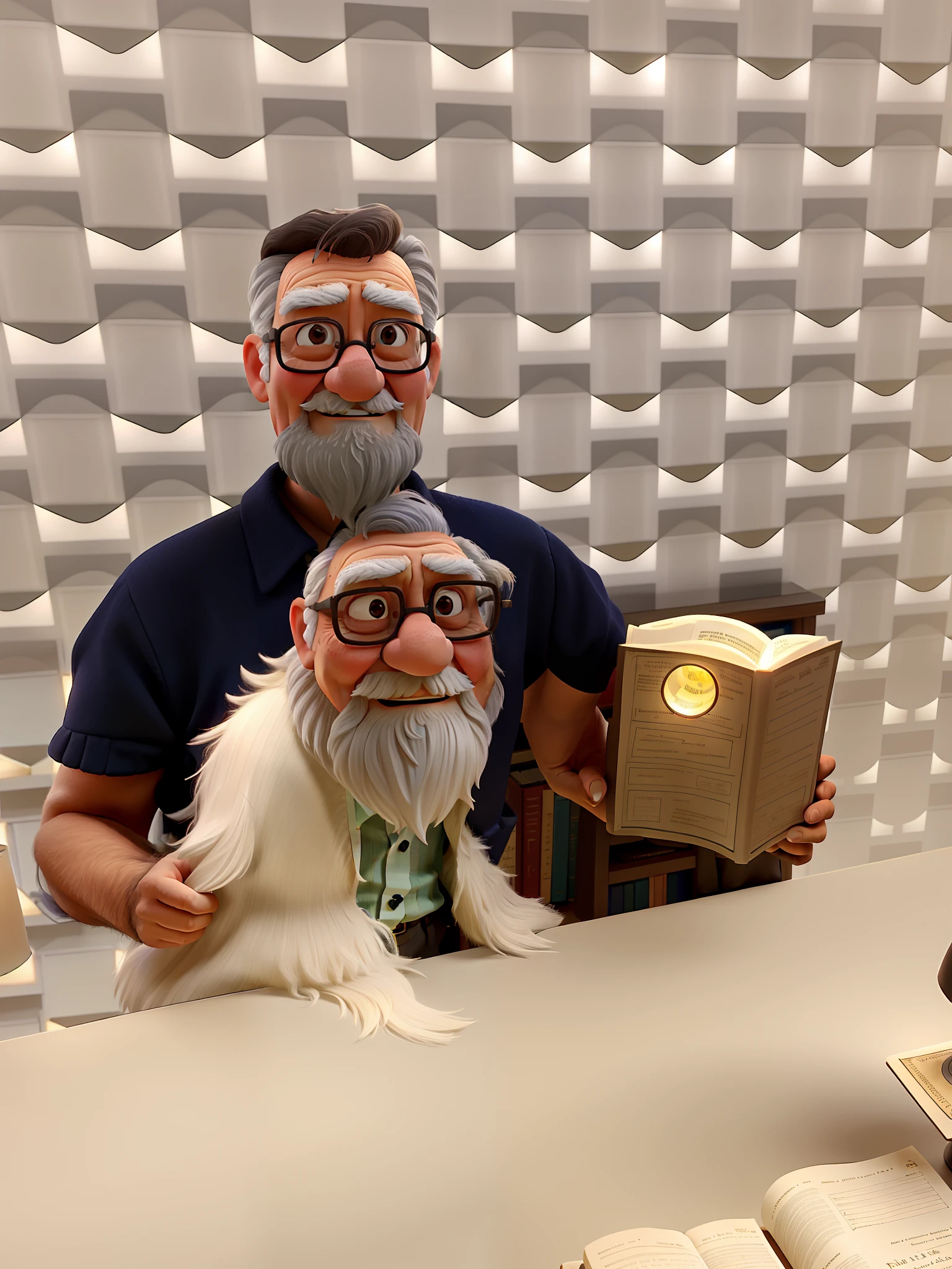 A wise old man standing in front, illuminated by the light of a lamp, against the backdrop of a library