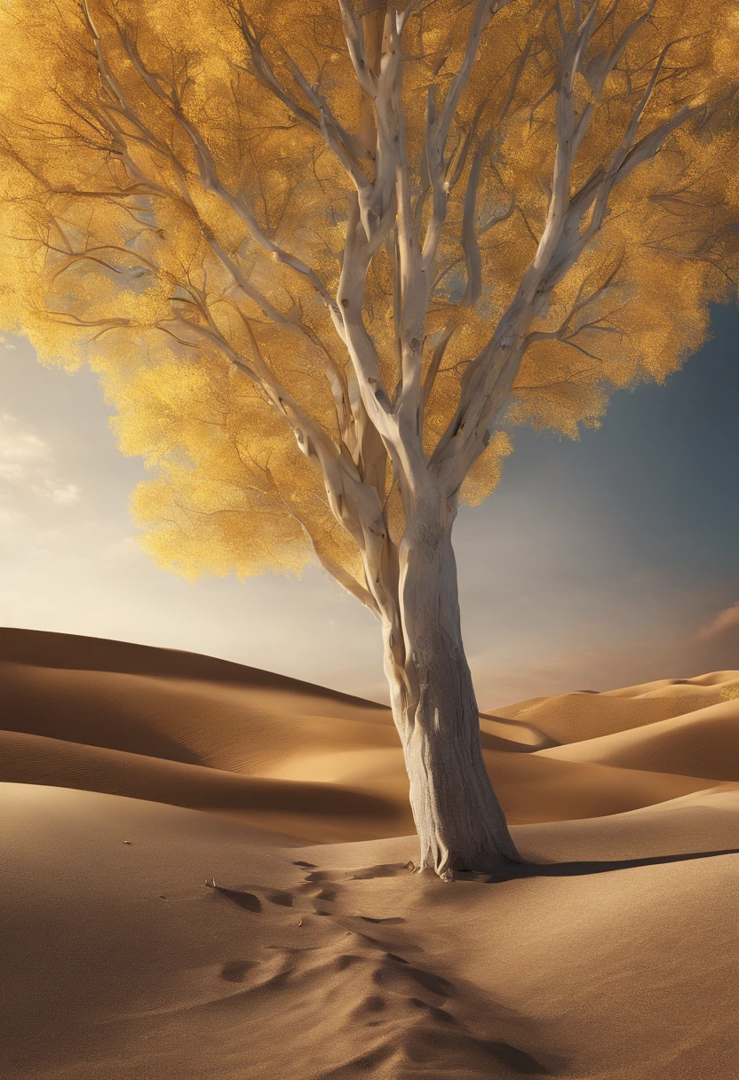 Magazine illustration，((In the desert))，A few tall ones(((Golden poplar tree：1.3)))，Poplar tree，Fallen leaves on the ground，k hd，Sony SLR lens，Master masterpieces，Soft lights at dusk