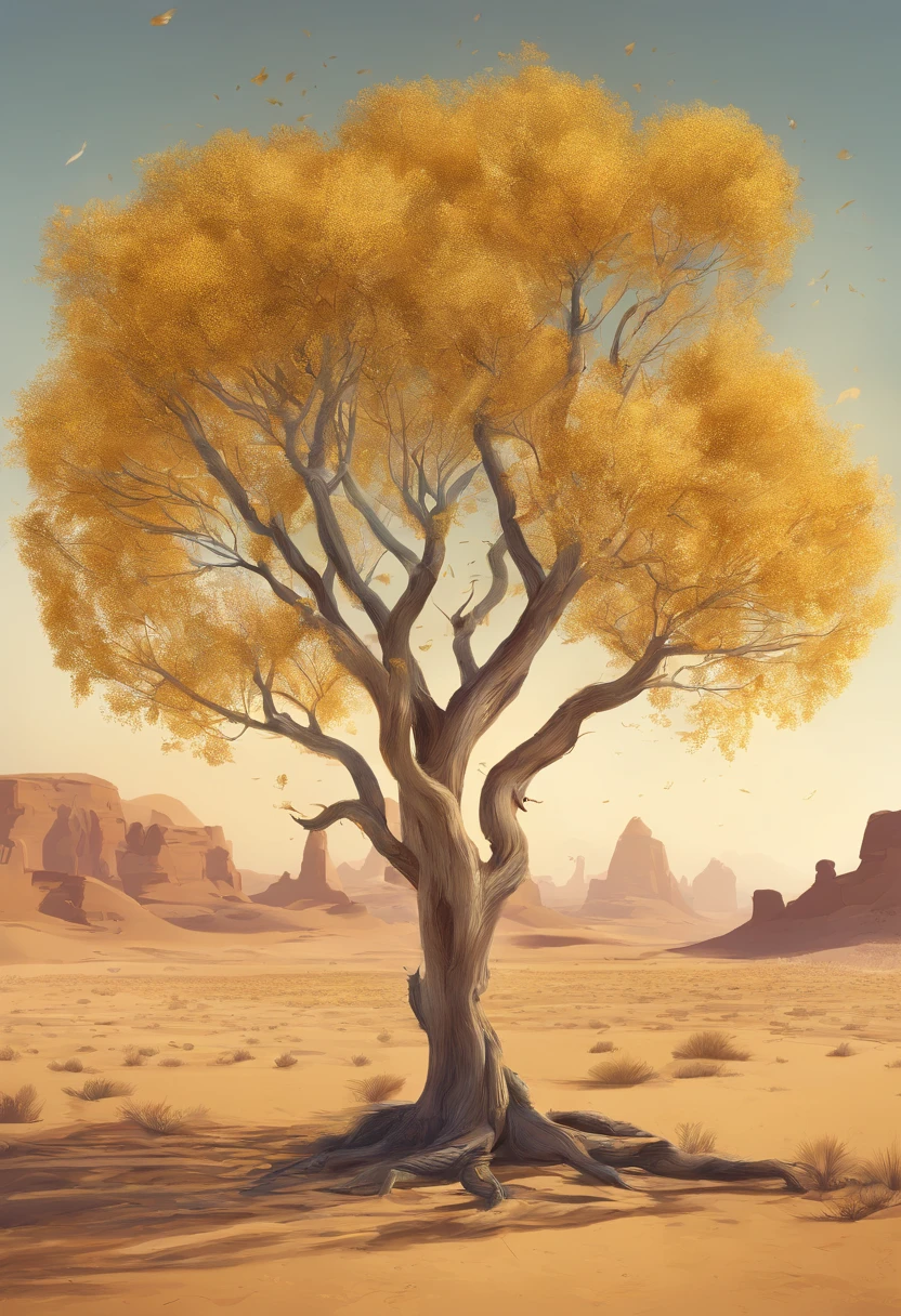 Magazine illustration，((In the desert))，A few tall ones(((Golden poplar tree：1.3)))，Poplar tree，Fallen leaves on the ground，k hd，Sony SLR lens，Master masterpieces，Soft lights at dusk