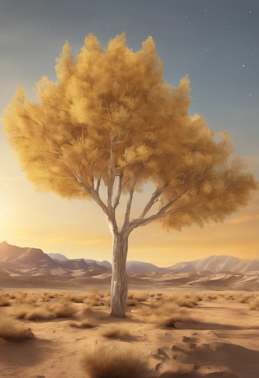 Magazine illustration,((In the desert)),A few tall ones(((Golden poplar tree:1.3))),Poplar tree,Fallen leaves on the ground,k hd,Sony SLR lens,Master masterpieces,Soft lights at dusk