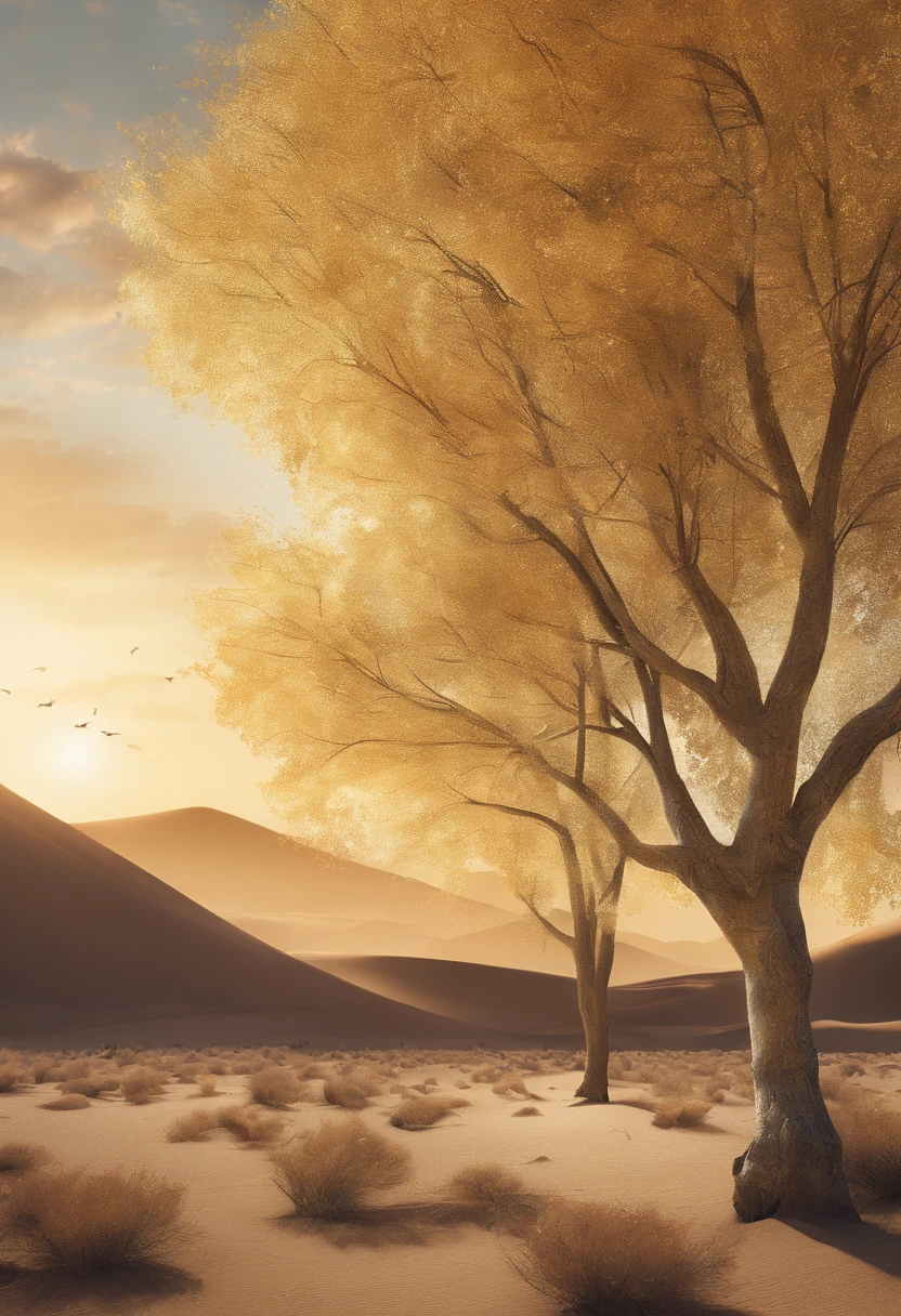 Magazine illustration，((In the desert))，A few tall ones(((Golden poplar tree：1.3)))，Poplar tree，Fallen leaves on the ground，k hd，Sony SLR lens，Master masterpieces，Soft lights at dusk