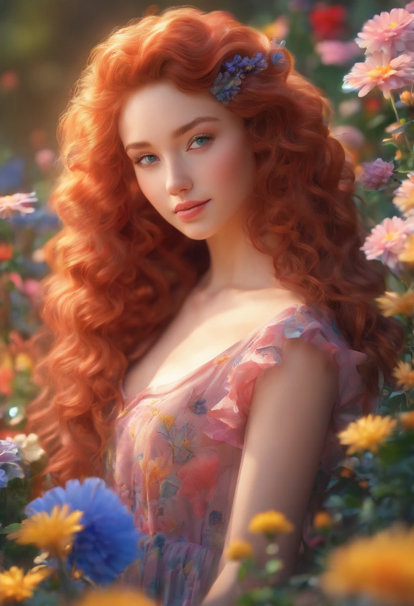 (a beautiful, romantic, and vibrant image:1.2),curly-haired redhead and a curly-haired black with blue highlights(1girl),gorgeous featured eyes,kissing affectionately in a colorful garden under soft golden sunlight,embrace of love and tenderness,beautifully dressed in flowing dresses,with flowers in their hair,dreamlike atmosphere,professional photography,vivid colors,soft-focus,portraits