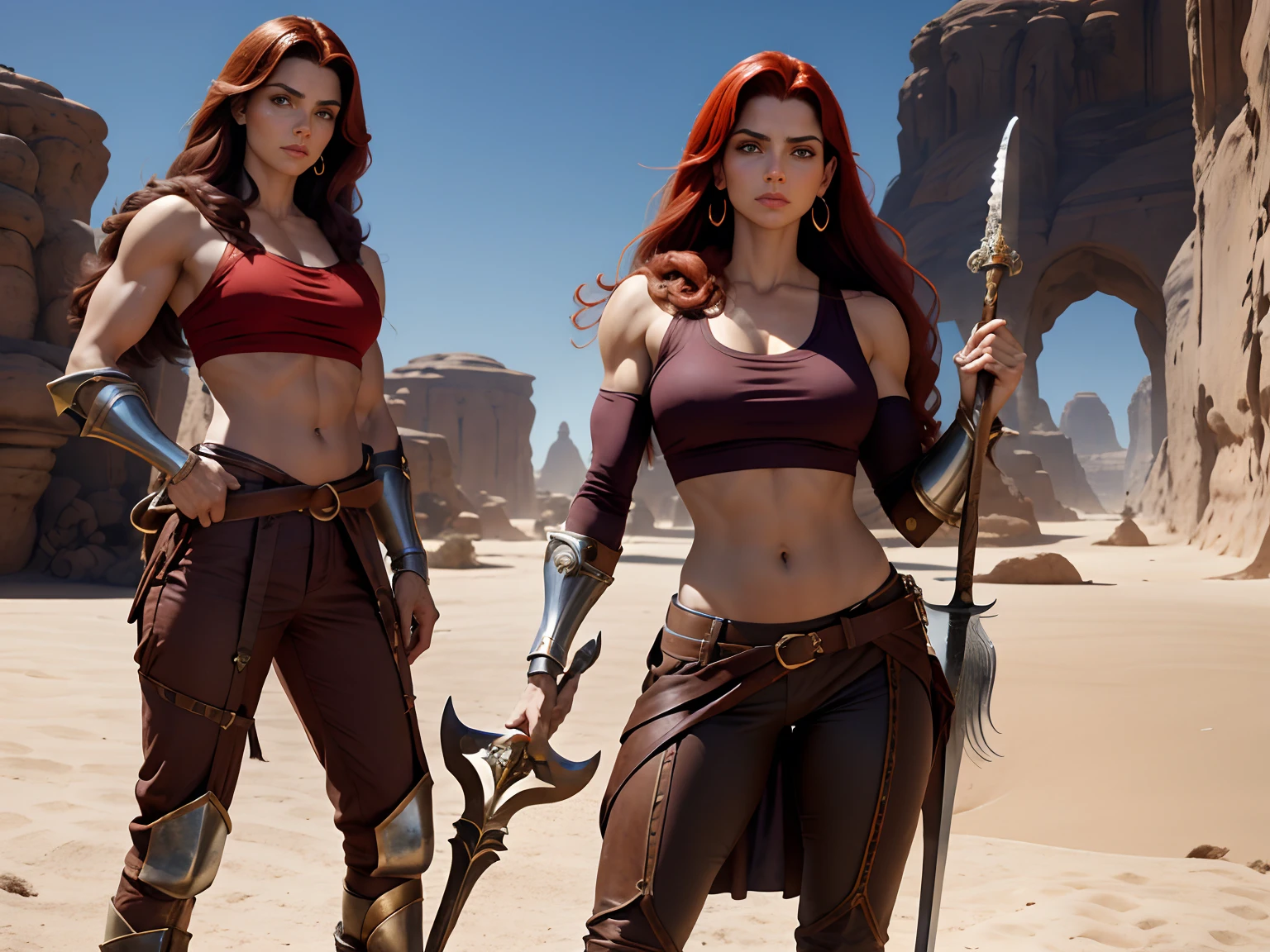 Arte no melhor estilo John Buscema, uma linda guerreira ruiva de longos cabelos ondulados, middlebreasts, cintura fina, usando uma vestimenta de cota de malha cobrindo seu dorso superior, Below wearing a pair of pants made of coated leather, botas de metal detalhado(Armor Piece), Holding a large metal spear, Standing in the Great Arid Desert: linda e sensual guerreia