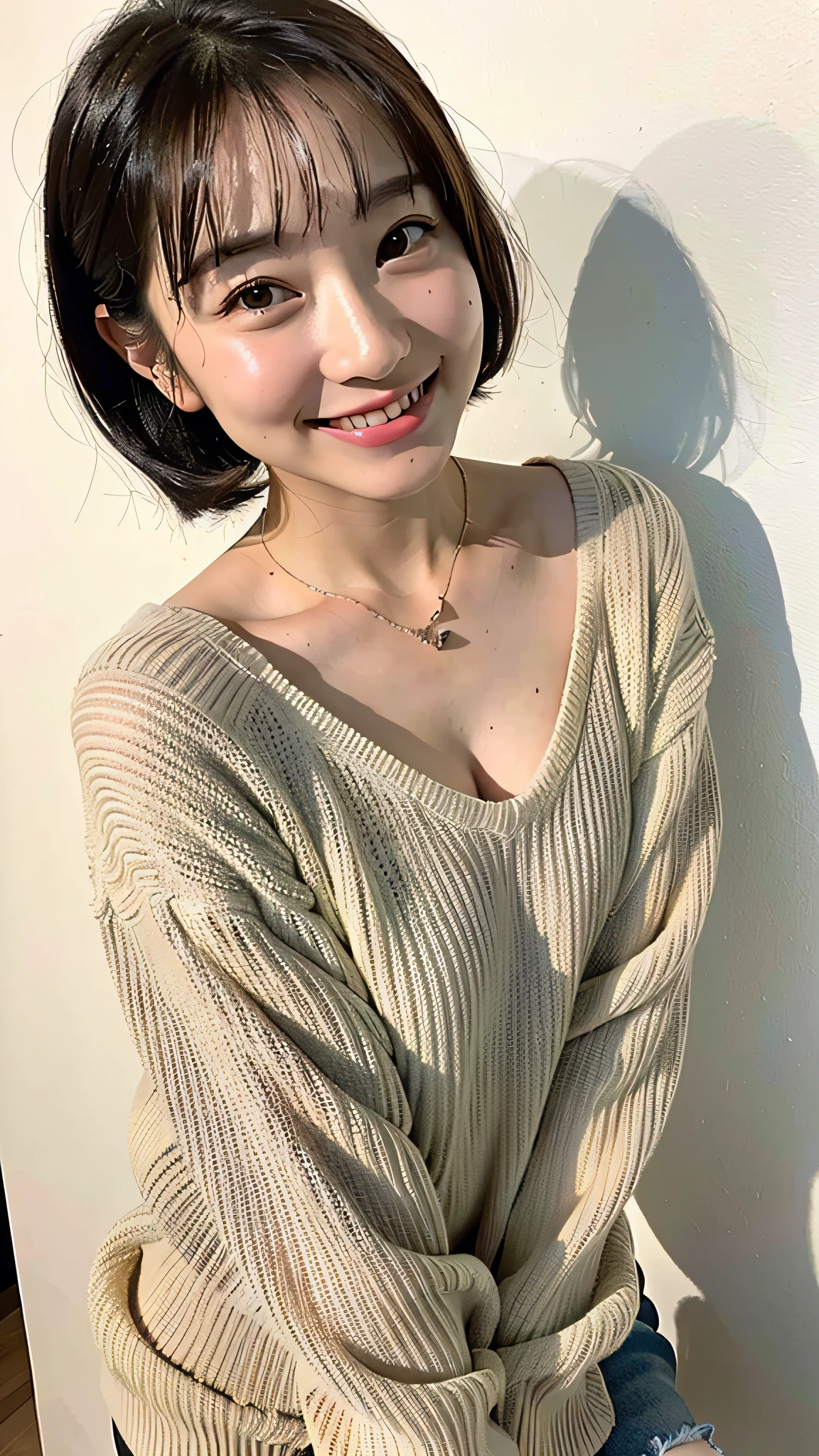 (top-quality、8K、32K、​masterpiece、nffsw:1.2)、Photo of a cute Japanese woman、very short bobbed hair、The upper part of the body、sface focus、Oversized_Sweaters、a necklace、simple background、From  above、looking at the viewers、Happy smile、Smile happily、