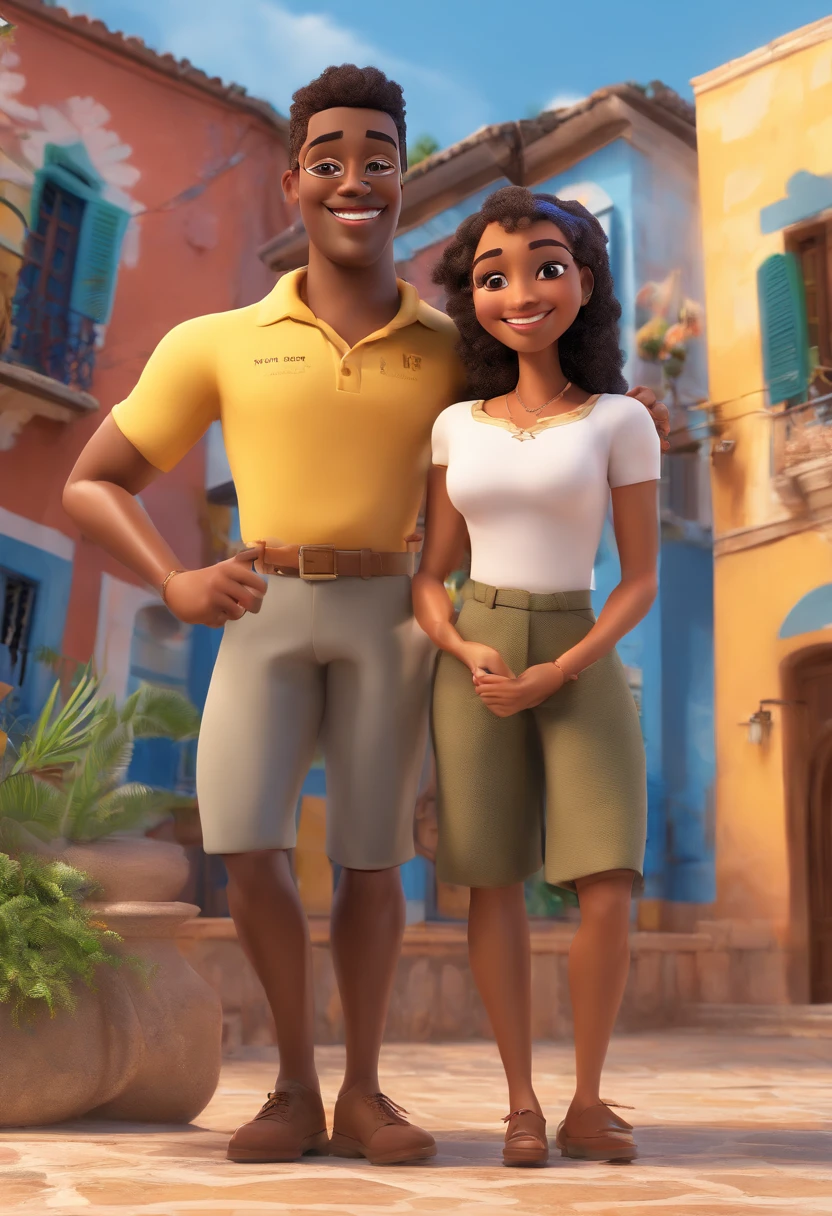 "An illustration of an adorable couple, apresentando um alegre, rechonchudo, Mulatto man with glasses and a brown-skinned woman with beautiful expressive eyes. O homem tem pele mulata e cabelos cacheados, enquanto a mulher tem pele negra e cabelos castanhos lisos. They are wearing the characteristic navy blue uniforms of the Municipal Guard of Feira de Santana, bahia. Atingem um exuberante, austero, e pose imponente, com um carro patrulha azul marinho e Lagoa Grande, as well as buildings in the background. Illustrate this scene from a perspective where they are facing the camera, sorridente, and showing your connection. Create this artwork in Full HD, Focus on a cinematic touch, no estilo da Disney Pixar Animations. A legenda inferior diz Disney / Pixar, Guarda Municipal de Feira de Santana."