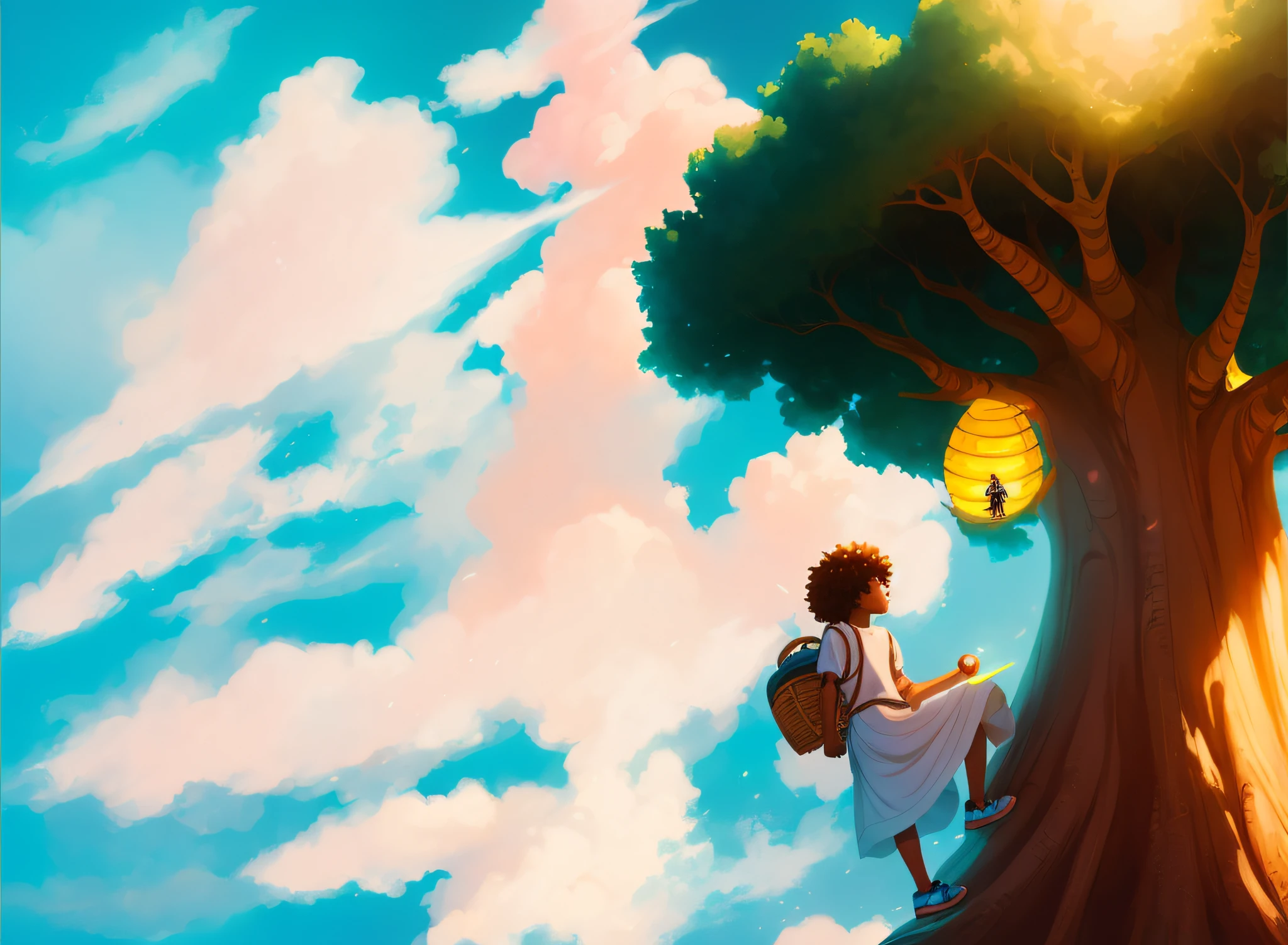 there is a boy with small afro that is standing on a tree with a beehive, inspired by Cyril Rolando, cyril rolando and goro fujita, in style of cyril rolando, makoto shinkai cyril rolando, by Cyril Rolando, low detailed. digital painting, dreamy illustration, childrens art in artstation, a beautiful artwork illustration