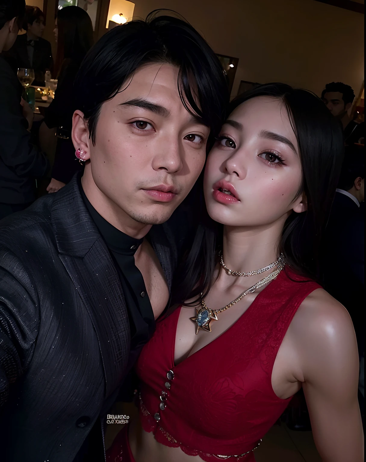 Araffe y una mujer posando para una foto con un vestido rojo, Imagen filtrada, Lv, jungkook, suave en _ Los antecedentes, Ambos tienen los labios rojos, JIA, con ella larga, they are close to each other, foto filtrada, Filtrado, Blackpink Jennie, celebridad, Jossi de Blackpink, Taejune Kim, Pareja encantadora, Yanjun Chengt