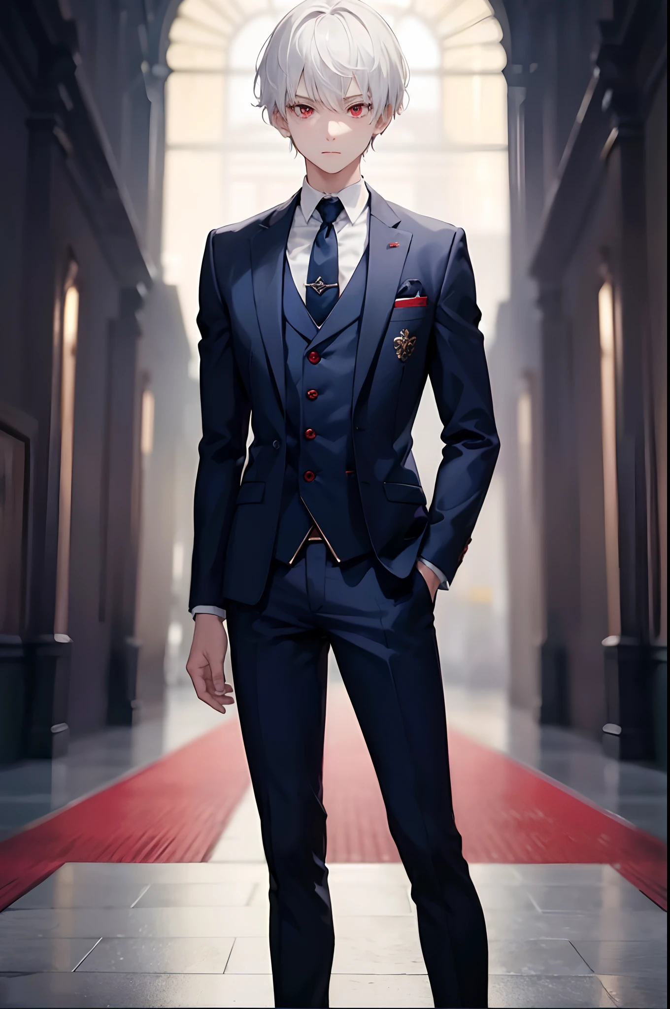 1boy, short white hair, red eyes, dark blue suit, standing on ground, high res, ultra sharp, 8K, masterpiece