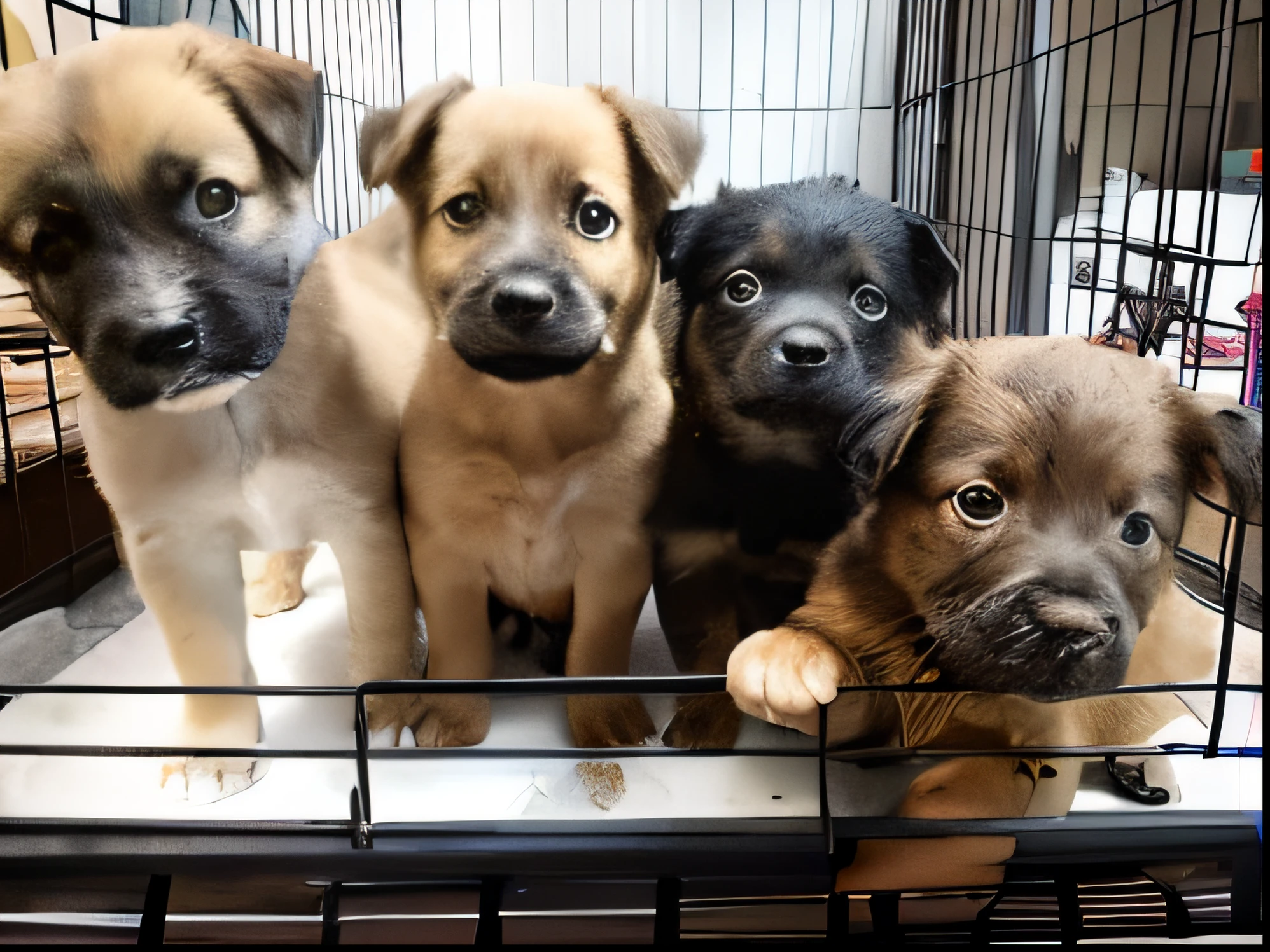 There are four puppies in a cage with one looking at the camera, Filhotes, Filhotes vermelhos, adoptable, Rostos bonitos, aw, r/aw, all looking at camera, incrivelmente fofo, com fundo da imagem uma rua deserta