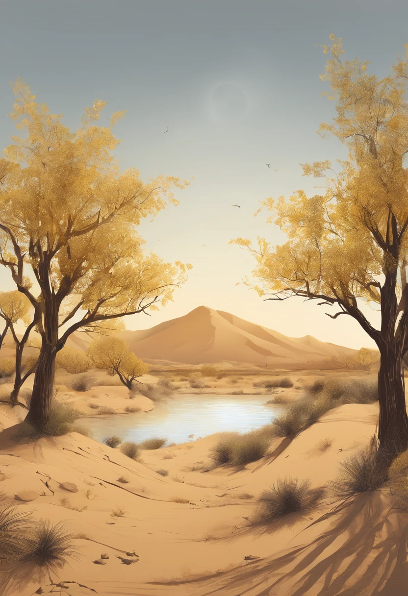 Magazine illustration,((In the desert)),A pond,A few tall ones(((Golden poplar tree:1.3))),Poplar tree,Fallen leaves on the ground,k hd,Sony SLR lens,Master masterpieces,Soft lights at dusk