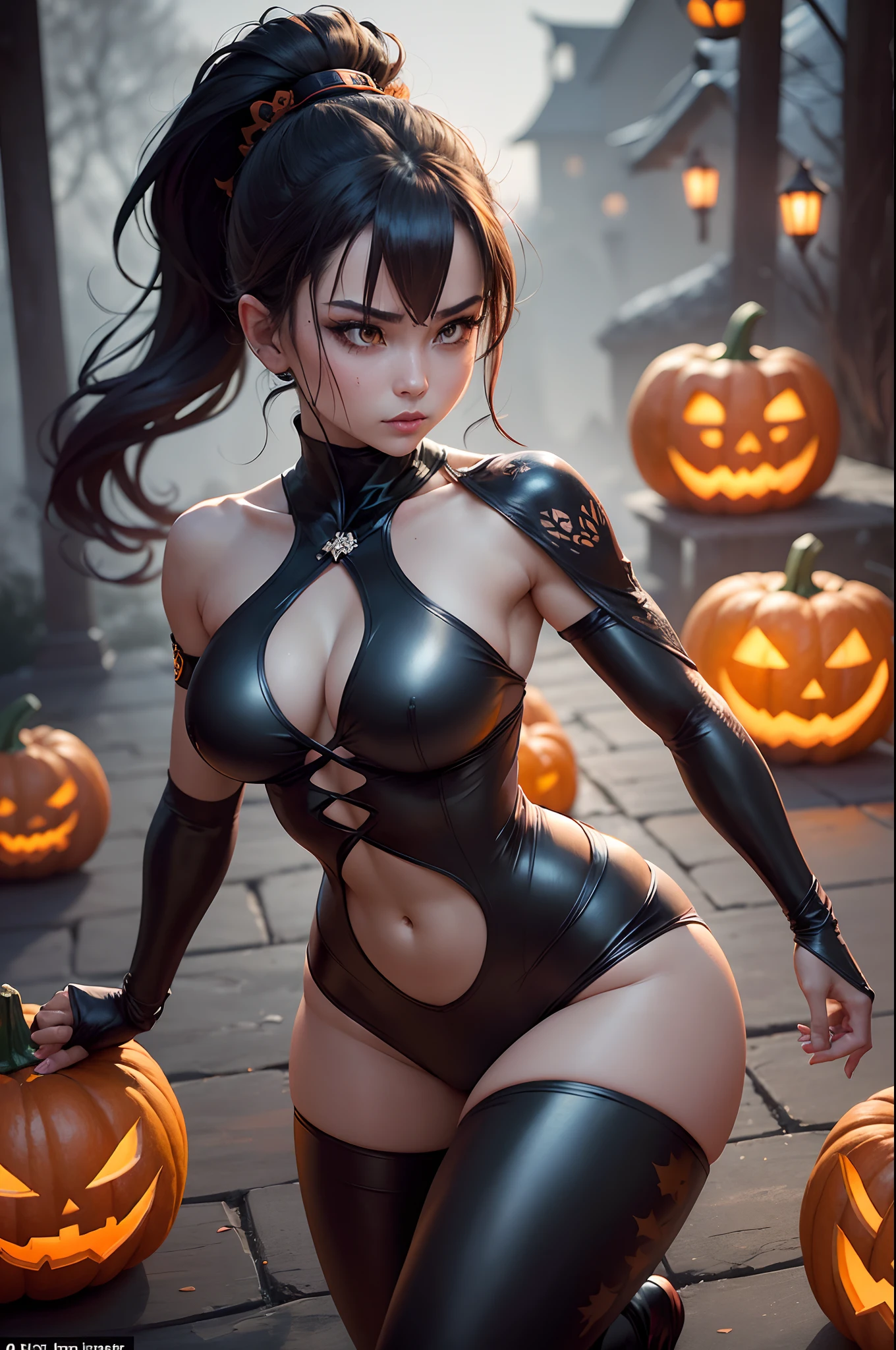 (masterpiece:1.4, best quality:1.4), Depict a mesmerizing and dynamic scene of a (beautiful, agile Ninja woman:1.3) gracefully positioned amidst a (vibrant, Halloween-themed setting:1.2). Her attire is a (sleek, form-fitting Ninja outfit:1.3) that complements her athletic build, accentuating her strength and allure.

- Pose: The Ninja woman is captured in a (fluid, poised stance:1.2), ready for action yet exuding a sense of calm control. Her expression is (focused and determined:1.1), with a hint of a mysterious smirk, inviting viewers into the festive yet enigmatic world of Halloween.
  
- Outfit: Her Ninja outfit incorporates (Halloween-themed patterns and colors:1.2), such as (orange, black, and purple:1.1), blending traditional Ninja attire with festive Halloween elements. The fabric of her outfit has a (slight shimmer:1.1) under the moonlight, adding an enchanting quality to her presence.
  
- Background: Surround her with (carved pumpkins:1.3) displaying various (intricate, eerie faces:1.2). Integrate (soft, ambient lighting:1.2) emanating from the pumpkins, casting a warm yet mysterious glow onto the scene. The setting is (outdoors, at night:1.1), with (autumn leaves:1.1) gently falling around her, enhancing the autumnal, Halloween atmosphere.
  
- Additional Details: Incorporate (subtle Halloween decorations:1.1), such as (cobwebs, bats, and spooky motifs:1.1), into the background and around the pumpkins. Ensure her Ninja weapons are (elegantly displayed:1.1), integrated into her outfit or subtly placed in the scene, showcasing her readiness and prowess.

- Atmosphere: Create a (festive yet enigmatic ambiance:1.2), balancing the excitement of Halloween with the mysterious allure of a Ninja. The overall tone should be (captivating, inviting viewers:1.2) to immerse themselves in the unique blend of Halloween festivity and Ninja mystique.

Utilizing this prompt should help you generate a striking piece of artwork that combines the allure of a Ninja woman with t --auto