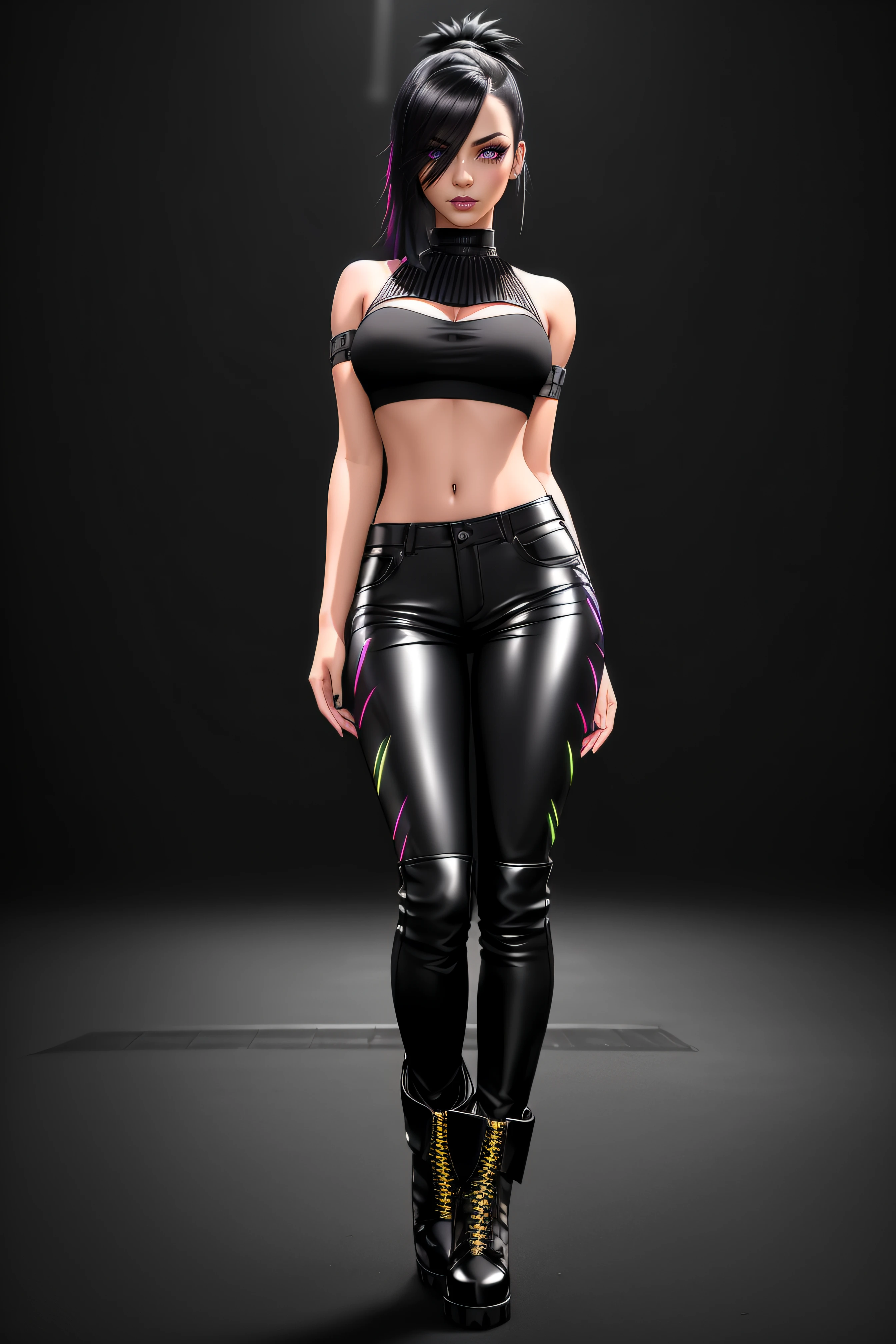beautiful girl, ((standing:1.4)), (confident gaze:1.1), full body, short bright neon streaked black hair, ((realistic highly detailed eyes:1.4)), ((seductive pose:1.2)), black eyeshadow, (street style wear:1.2), ((tight fitted pants)), ((knee high leather boots)), (dark city night black background:1.4), dark makeup, digital art, trending on artstation, highly detailed, fine detail, intricate, detailed facial features, sharp focus, smooth, aesthetic,