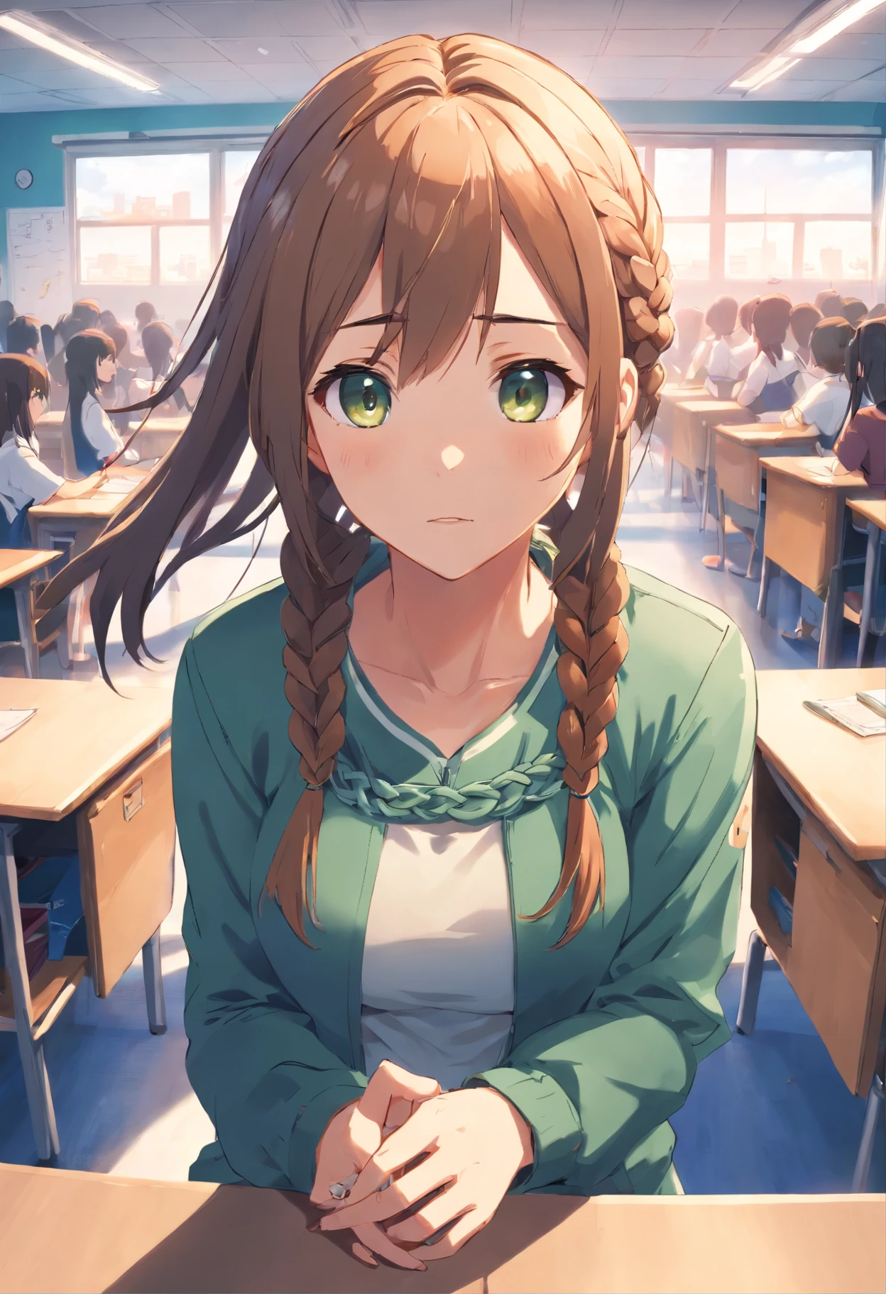 (best quality:1.2), 1girl, (fisheye, on side, confused, gradient hair, long hair, spiked hair, quad braids, large_breasts, classroom),