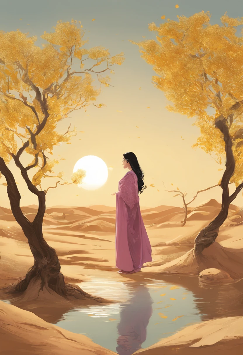 Magazine illustration,((In the desert)),A glamorous Chinese female model standing in the desert,A pond,A few tall ones(((Golden poplar tree:1.3))),Poplar tree,Fallen leaves on the ground,k hd,Sony SLR lens,Master masterpieces,Soft lights at dusk