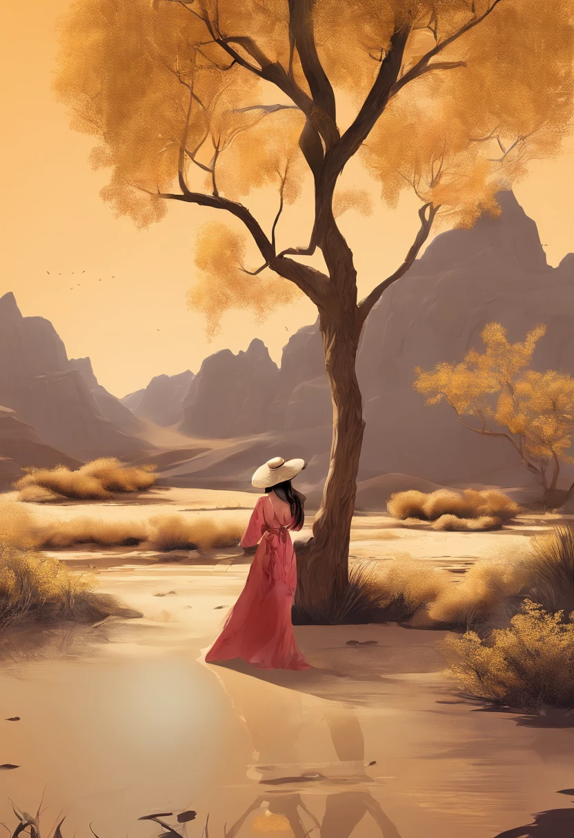 Magazine illustration,((In the desert)),A glamorous Chinese female model standing in the desert,A pond,A few tall ones(((Golden poplar tree:1.3))),Poplar tree,Fallen leaves on the ground,k hd,Sony SLR lens,Master masterpieces,Soft lights at dusk