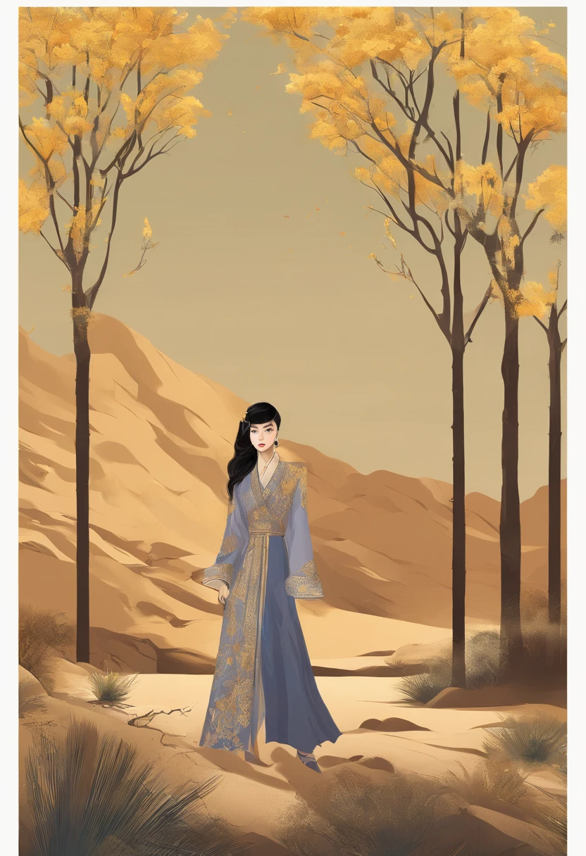 Magazine illustration,((In the desert)),A glamorous 18-year-old Chinese female model stands in the desert,A pond,A few tall ones(((Golden poplar tree:1.3))),Poplar tree,Fallen leaves on the ground,k hd,Sony SLR lens,Master masterpieces,Soft lights at dusk