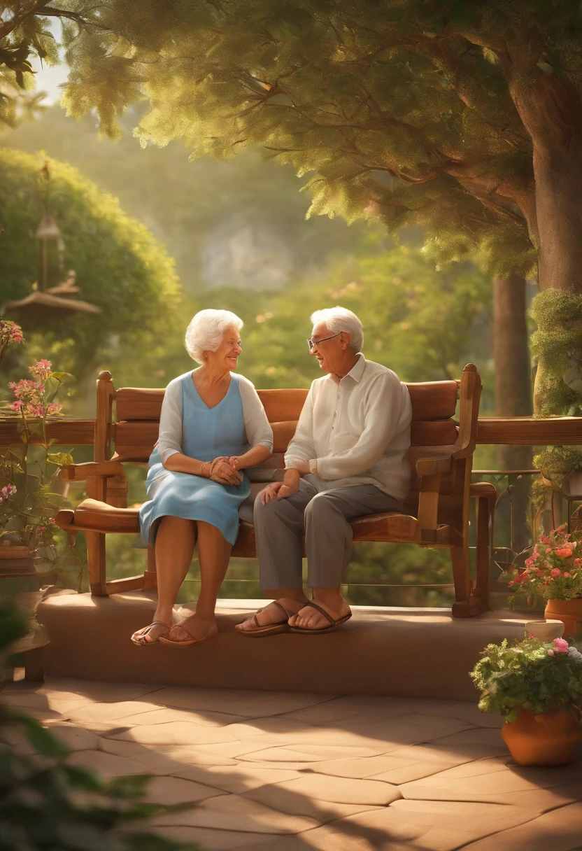Children's Books:2.0、Illustrations for picture books、（（（Elderly couple）:1.5、Comfortable clothes、Sandals）、One-story wooden house、balcony、the two of them Sitting side by side in a very comfortable chair）、in the woods 、the two with glasses, Gramado Square, flowers, late afternoon, hummingbird