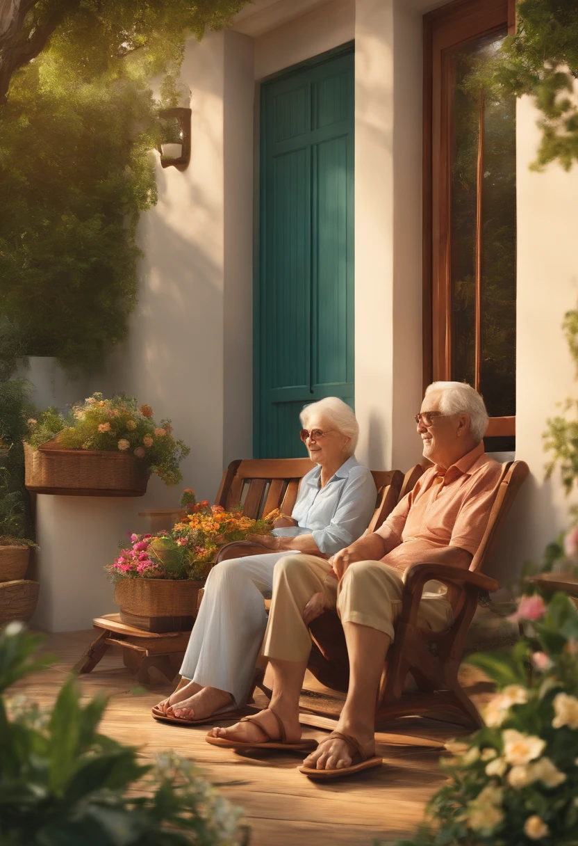 Children's Books:2.0、Illustrations for picture books、（（（Elderly couple）:1.5、Comfortable clothes、Sandals）、One-story wooden house、balcony、the two of them Sitting side by side in a very comfortable chair）、in the woods 、the two with glasses, Gramado Square, flowers, late afternoon, hummingbird
