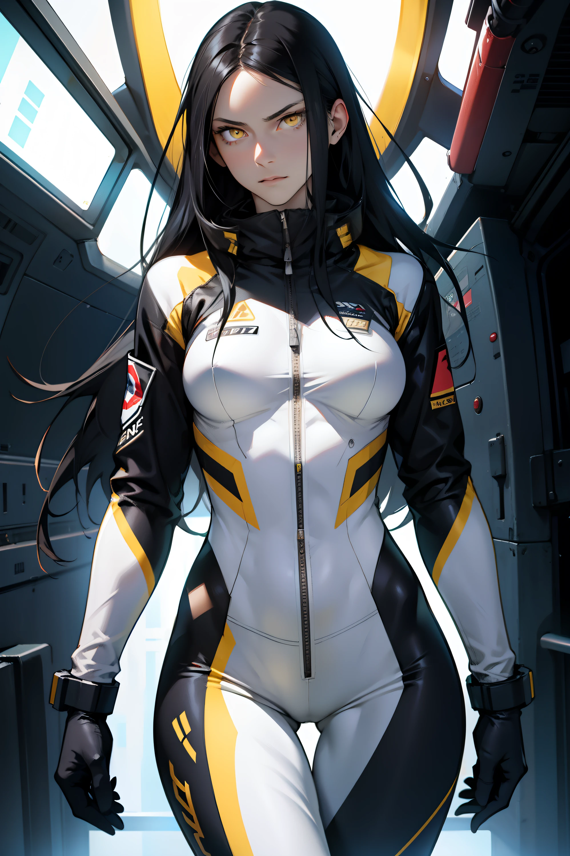 1 girl, black hair, yellow eyes, very long hair, pale skin, fit body, slender body, slim waist, large breasts, (confident expression), pilot suit, thigh gap