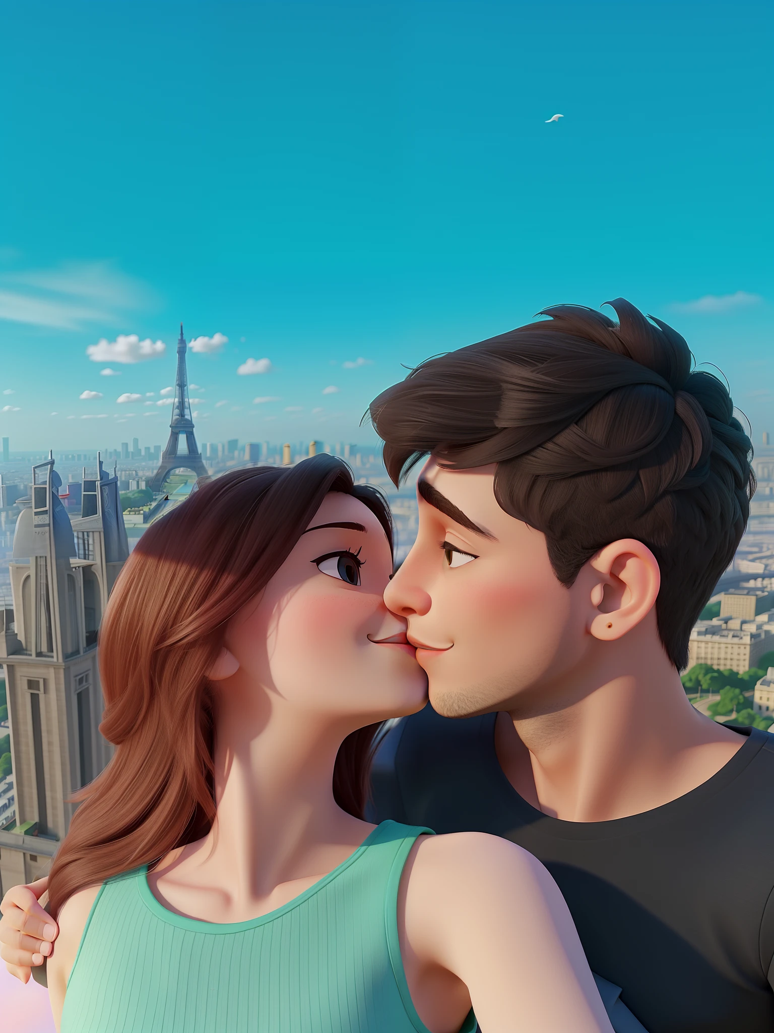 Um casal se beijando na frente da Torre Eiffel, alta qualidade, melhor qualidade.
