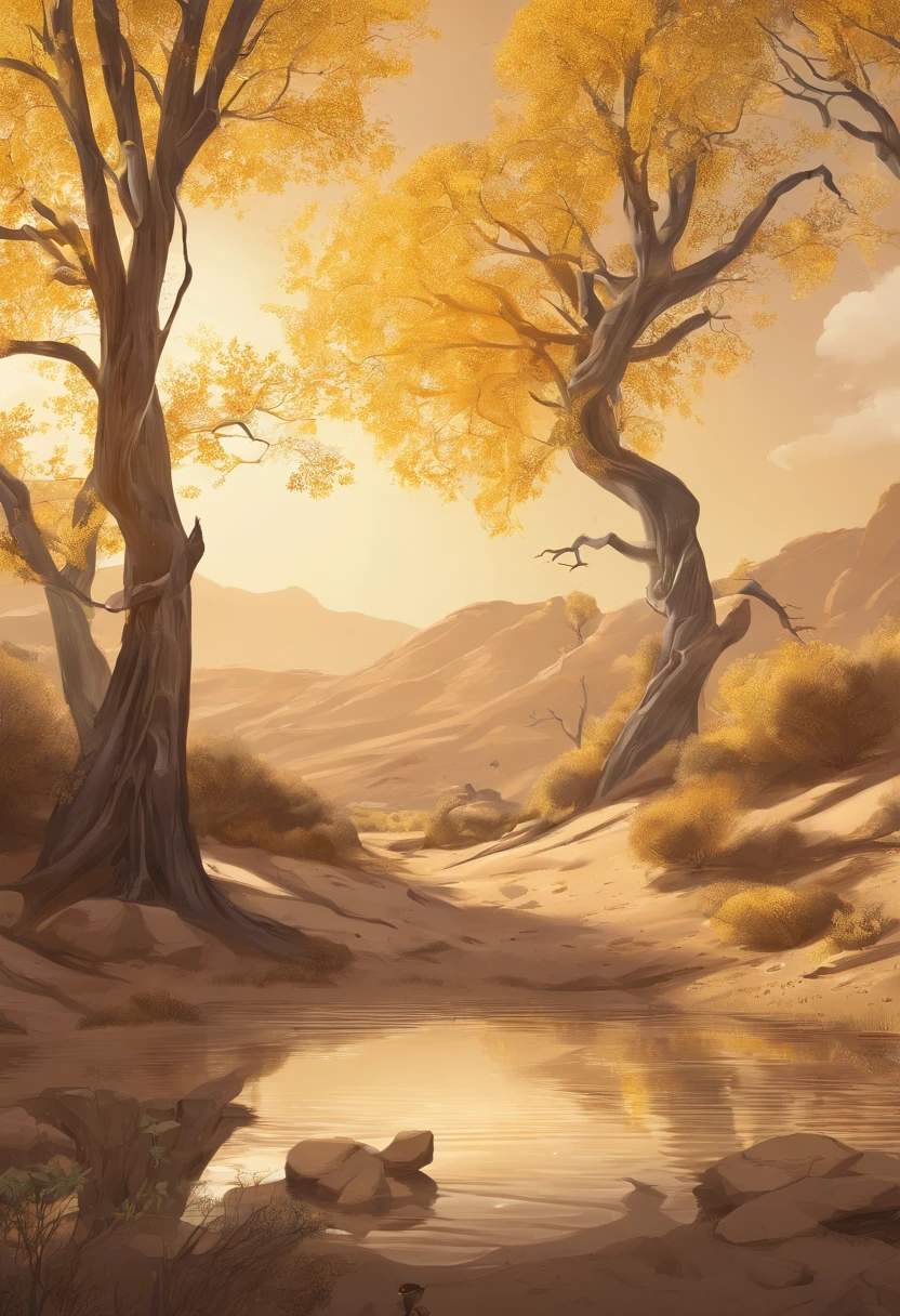 Magazine illustration，((In the desert))，A pond，A few tall ones(((Golden poplar tree：1.3)))，Poplar tree，Fallen leaves on the ground，k hd，Sony SLR lens，Master masterpieces，Cinematic lighting lighting，extreme hight detail