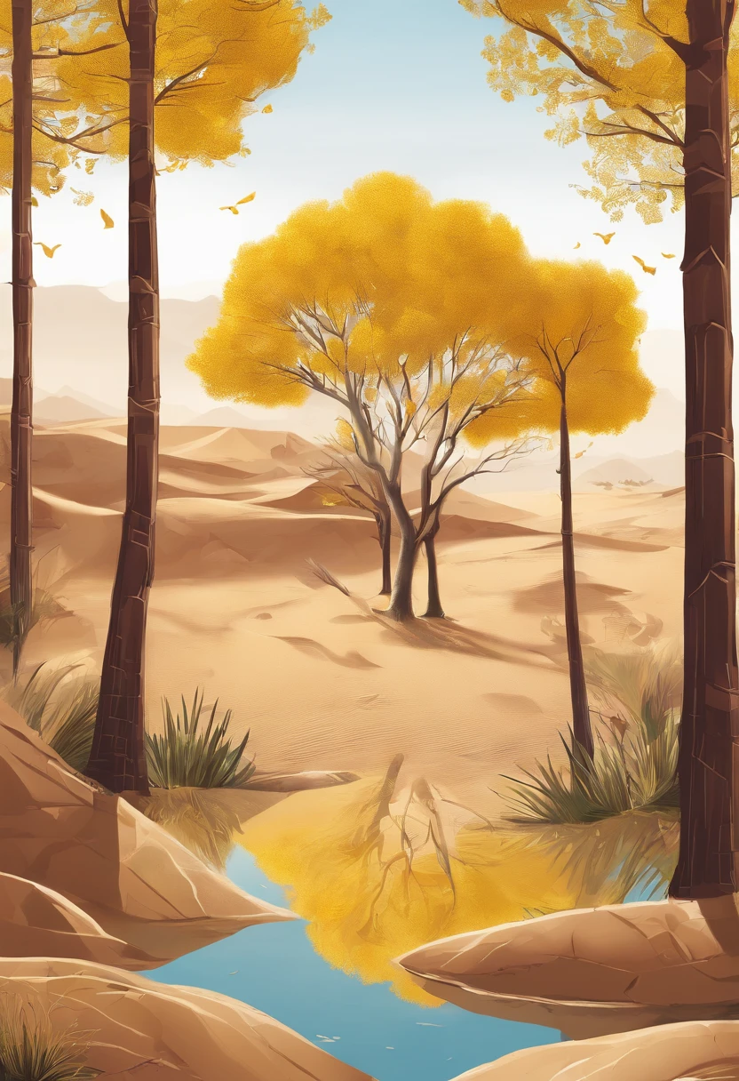 Magazine illustration,((In the desert)),A pond,A few tall ones(((Golden poplar tree:1.3))),Poplar tree,Fallen leaves on the ground,k hd,Sony SLR lens,Master masterpieces,Cinematic lighting lighting,extreme hight detail