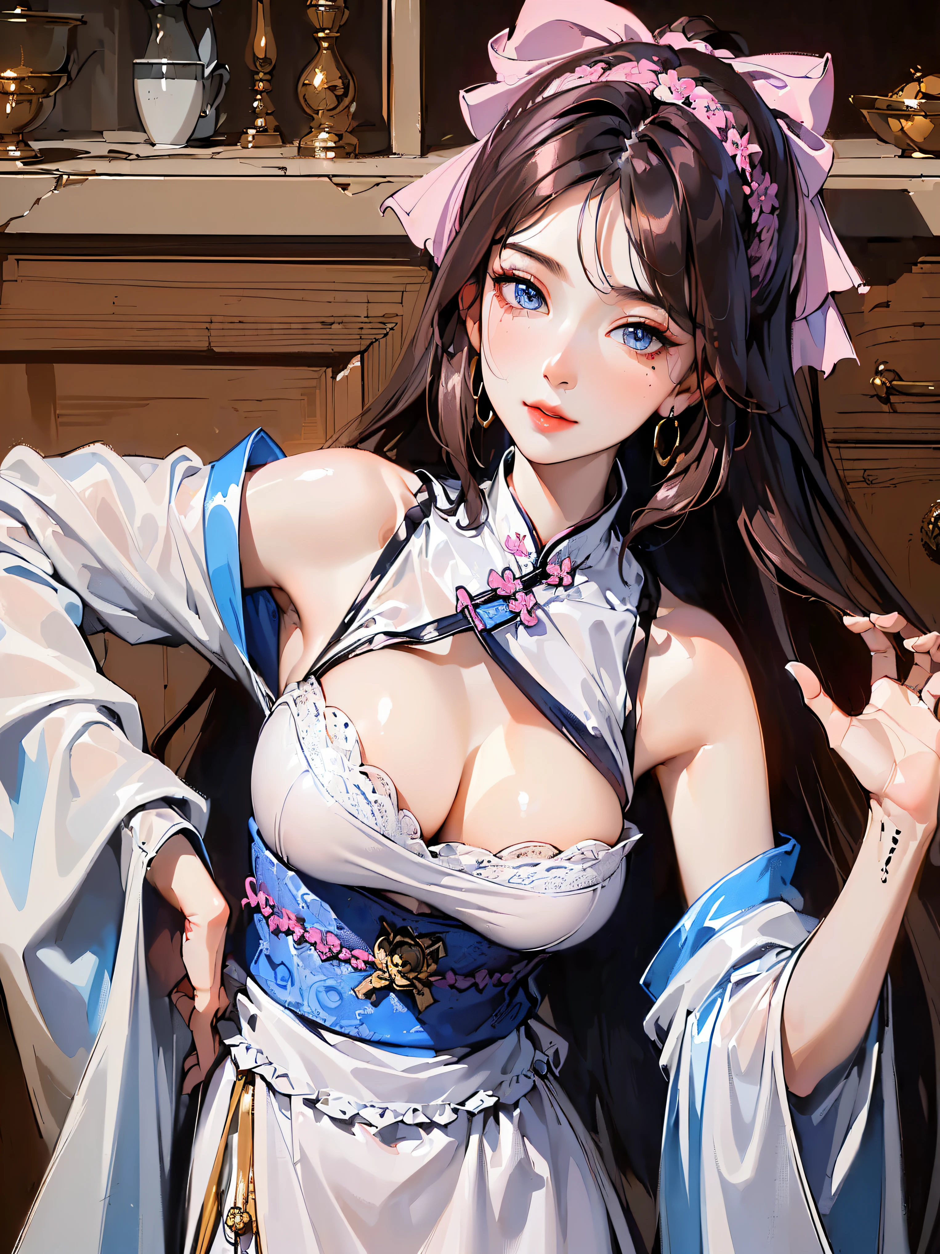 (((((((Chinese ink painting，Fantastic watercolor painting,Traditional Chinese cheongsam,cropped shoulders,Beautiful Hanfu,Blushing,Watery cheeks,Natural curls,Disheveled hair,Natural brown hair,double tails，A MILF，baggy clothes，Transparent cuffs，breast pocket))))))，((1girll,Solo,Solo,Solo,Amazing,focus onface,Sharp focus,Cute Korean mixed-race girl，rosto magro，Solo,))(Masterpiece,Best quality, offcial art, Beautiful and aesthetic:1.2),((超高分辨率,Golden ratio,)) (16k),((From above，Busty)),(Physically-based rendering),(((highdetailskin,))),intricate outfits，((Hibiscus face,)),((((detailed hairs,Long hair|Thin side bangs)))),Slender,(masterpiece sidelighting),(The sheen),(Inky hair,Beautiful hair,Beautiful eyes,）[[Delicate fingers and hands:0.55]::0.85],(Detail fingers),(((Superior quality,)))),((unbelievable Ridiculous,)),((extremely_Detailed_Eyes_and_face)),Movie girl,(Dynamic configuration: 1.2),Brilliant,Glossy, (Photorealistic), ((tress ribbon)),