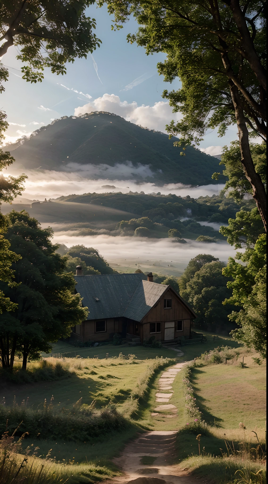Dense sky forest path leading to small farmhouse on rolling hills, golden sun rays, fog 1/3 regra,4k, cores vividas