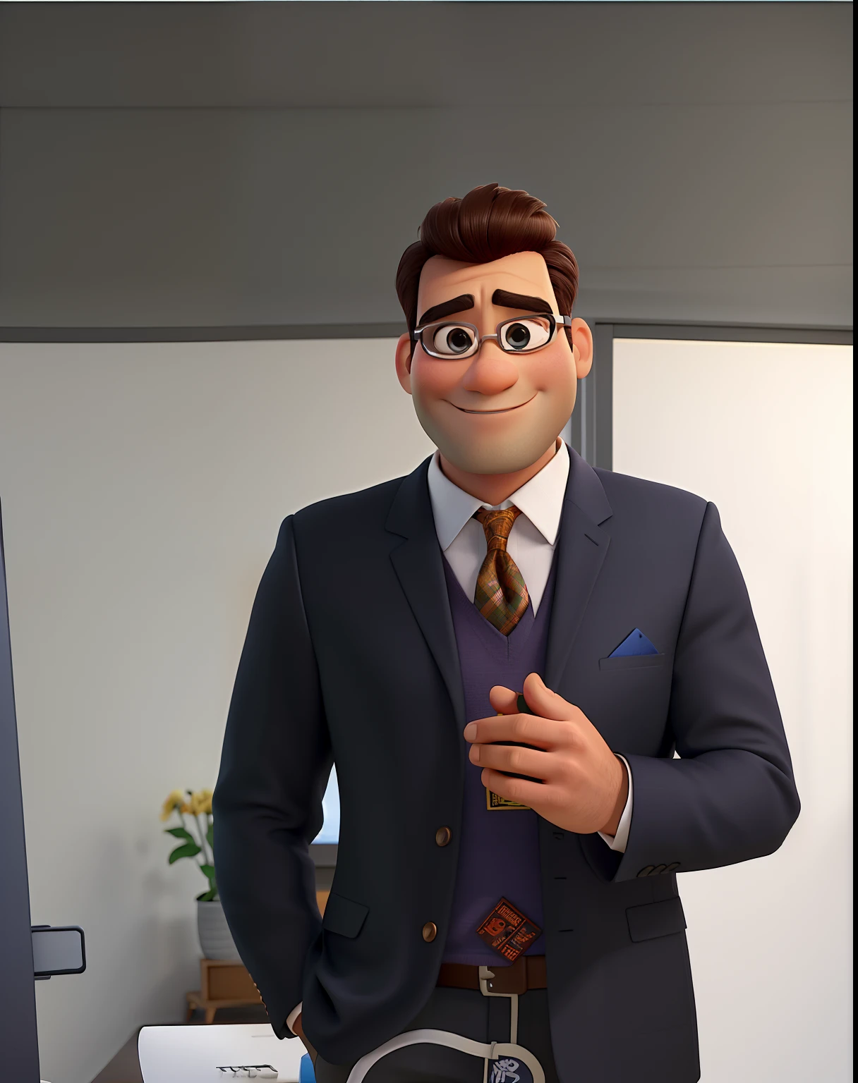 Um homem de terno dentro de um escritorio e ao fundo uma janela de uma linda cidade ao estilo pixar