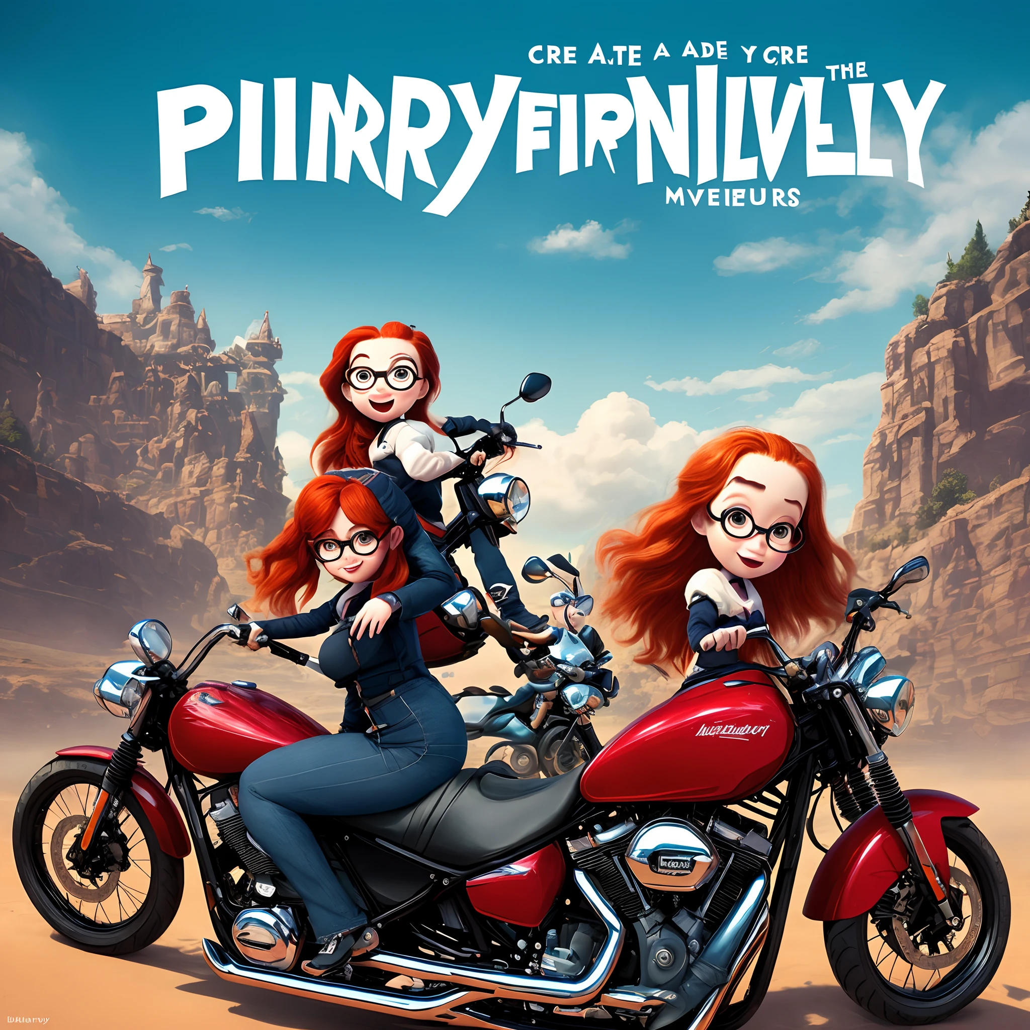 Create a Pixar Movie Cover
Fat princess with glasses long red hair thin on top of a motorbike movie KERULLENY HIGH ADVENTURES