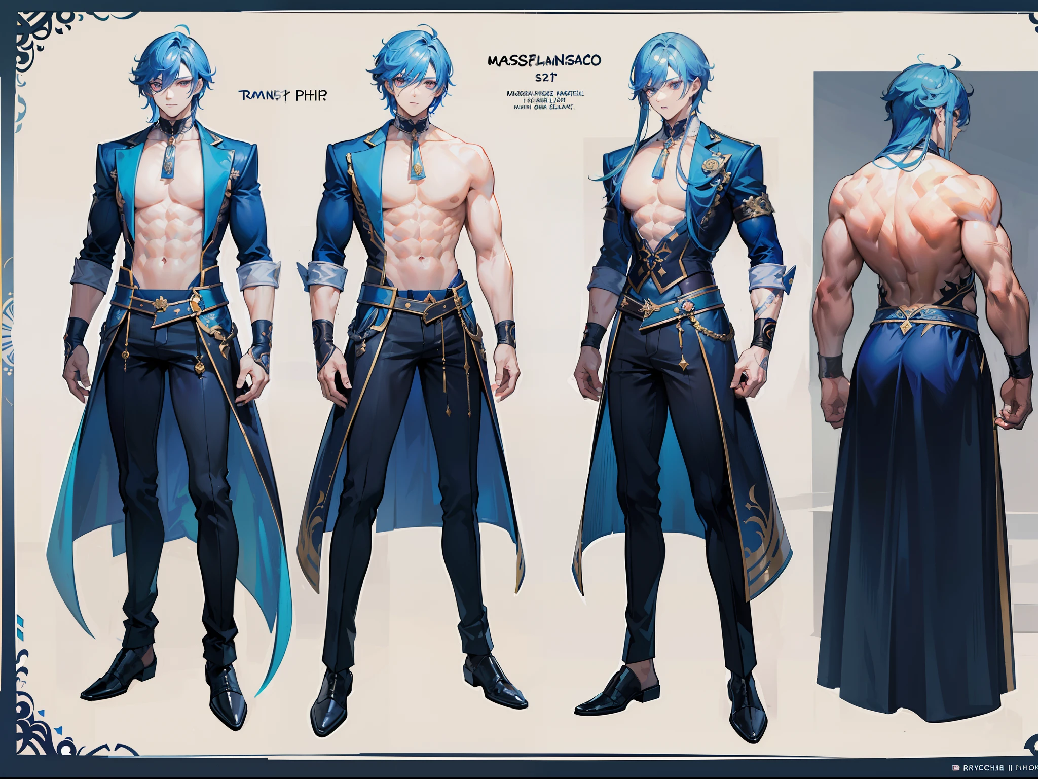 (Masterpiece, best quality), detailed, 1 man, ((character concept art)), ((character design sheet, same character, front, side, back)), full body, body complete, 1 Male angel, 1 Man angel, Detailed face, character design sheet，full bodyesbian, Highly detailed, character sheet, character design, Many parts, dark skin, angel wings, long ponytail blue hair, angel outfit, muscle male god, male clothes, masculine, muscle man, male muscle, manly, male angel, Muscle male long ponytail blue hair，beautiful man, beautiful muscle man, abs, pectoral muscle